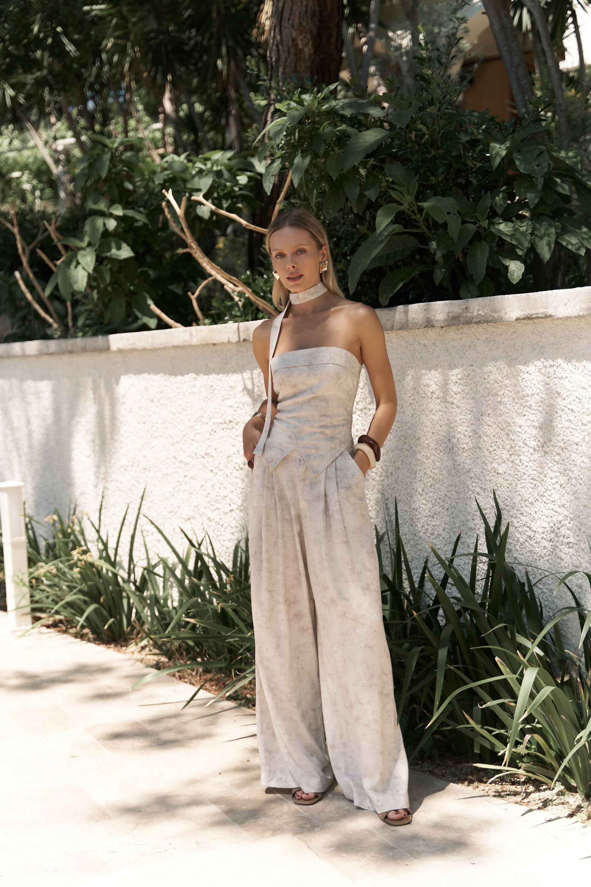 Bhioctoria Bej Straplez Crop Pantolon Takım