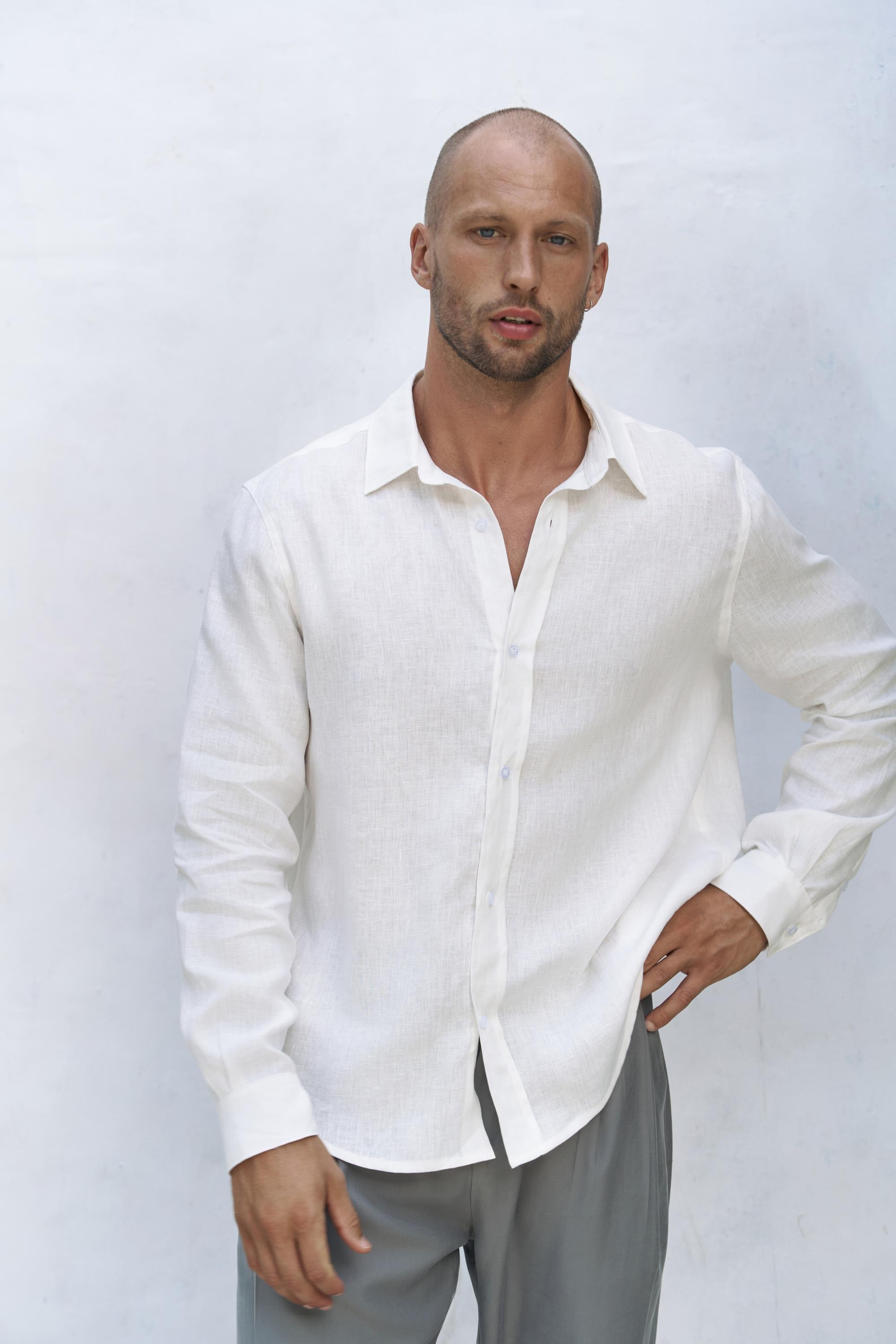 Bice Ekru Keten Oversize Erkek Gömlek