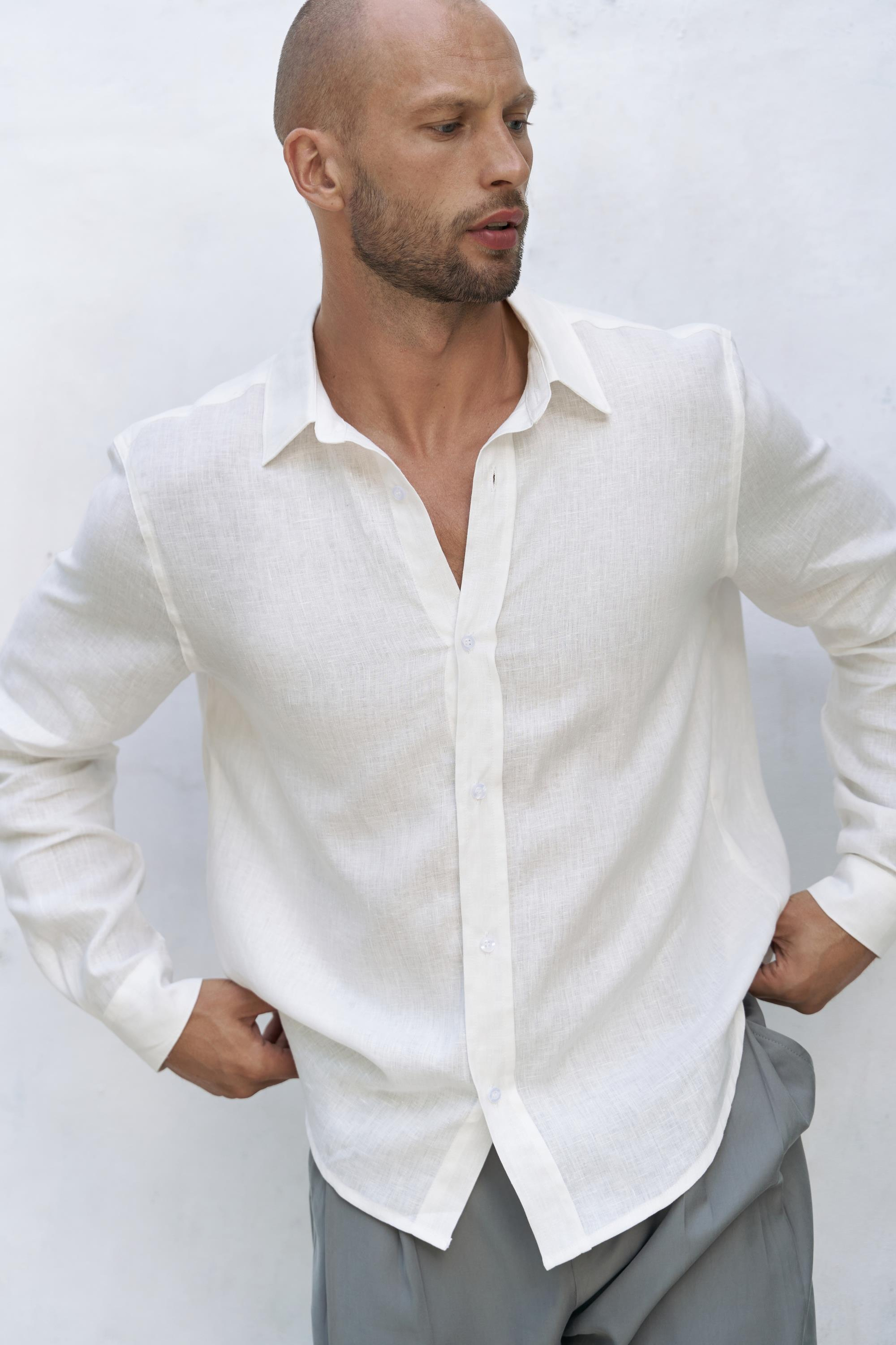 Bice Ekru Keten Oversize Erkek Gömlek