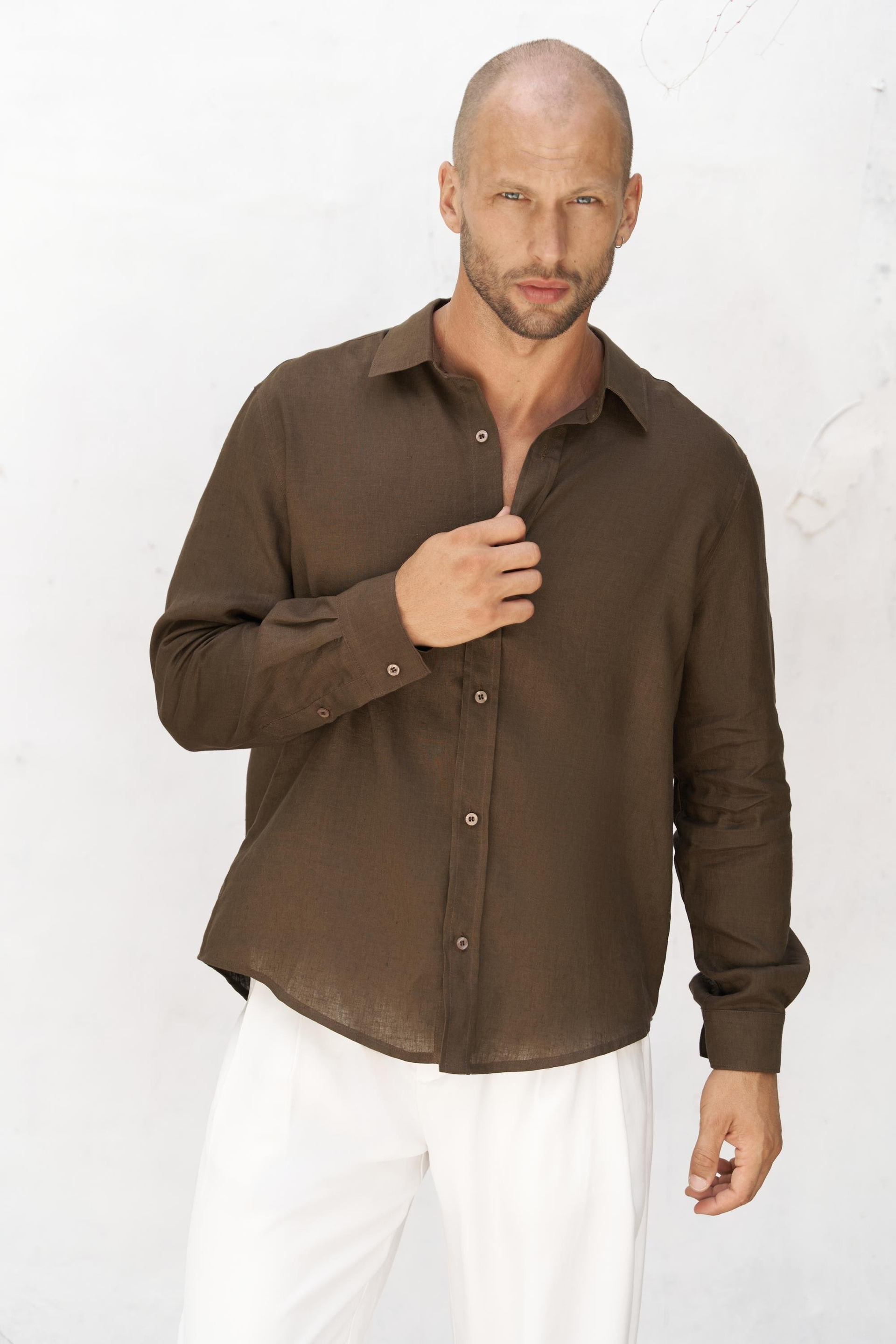 Bice Kahve Keten Oversize Erkek Gömlek