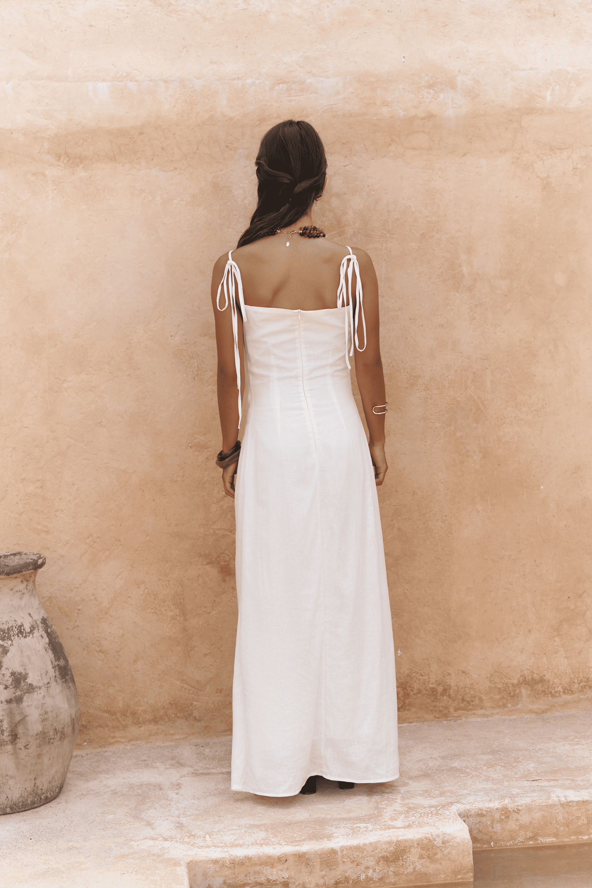 Blantyre Askılı Uzun Ekru Keten Elbise