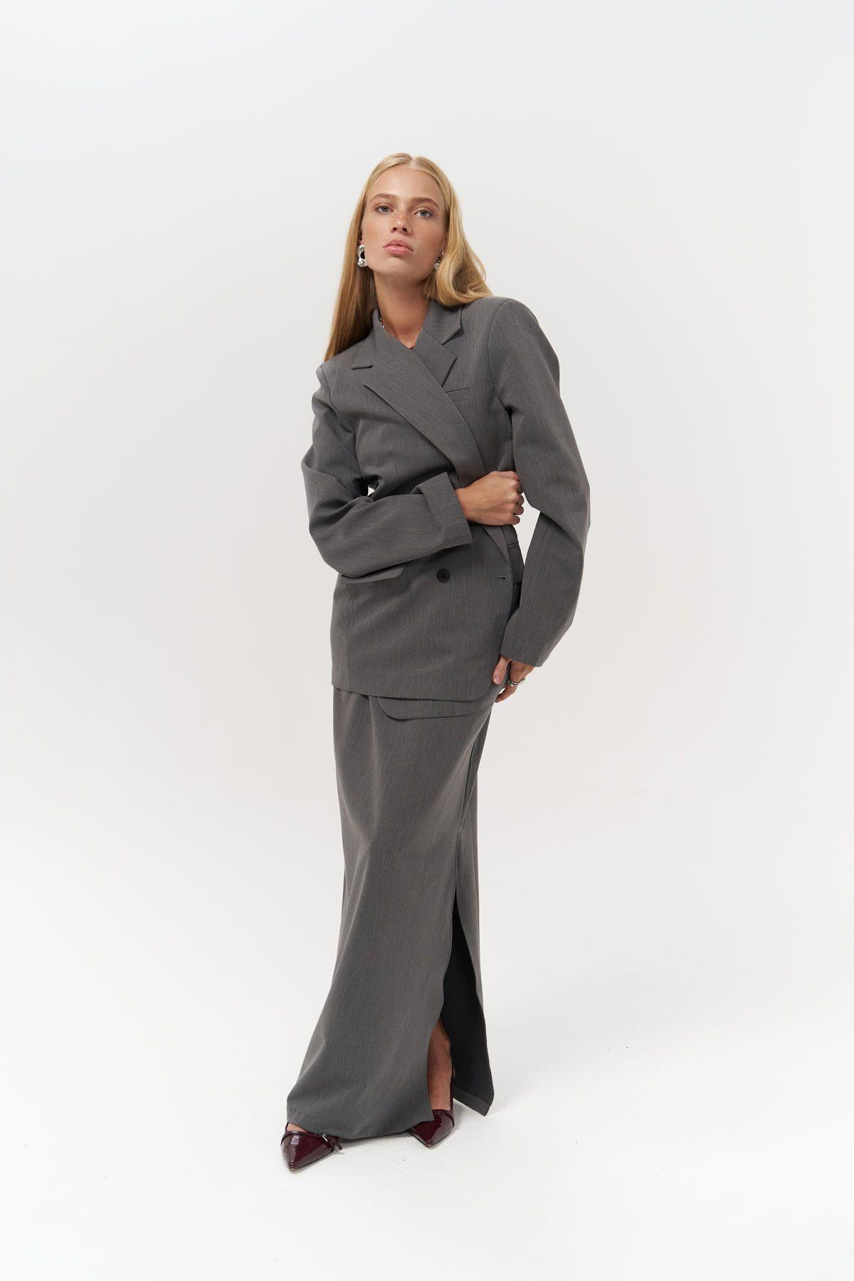 Bowie Grey Skirt and Jacket Set with Gathered Detailing