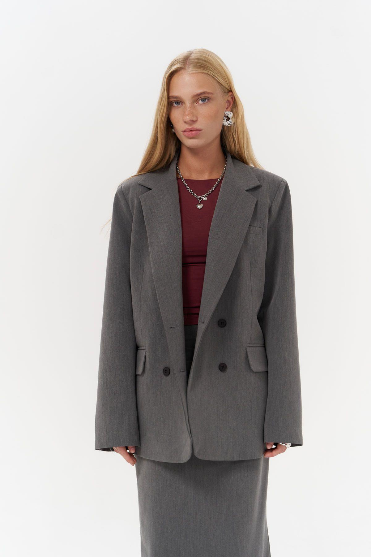 Bowie Grey Skirt and Jacket Set with Gathered Detailing
