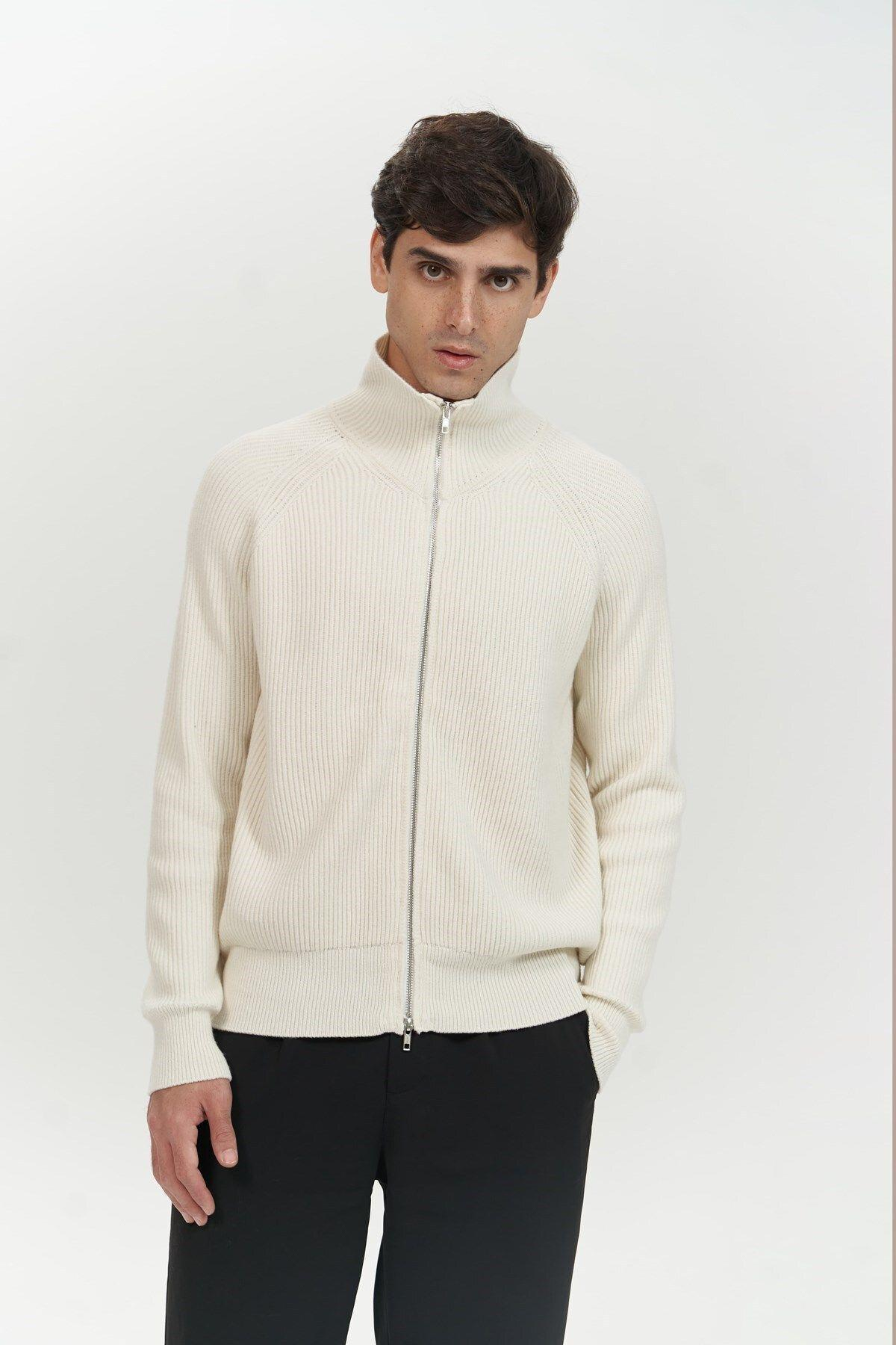 Brock Tam Fermuarlı Ekru Erkek Triko Kazak