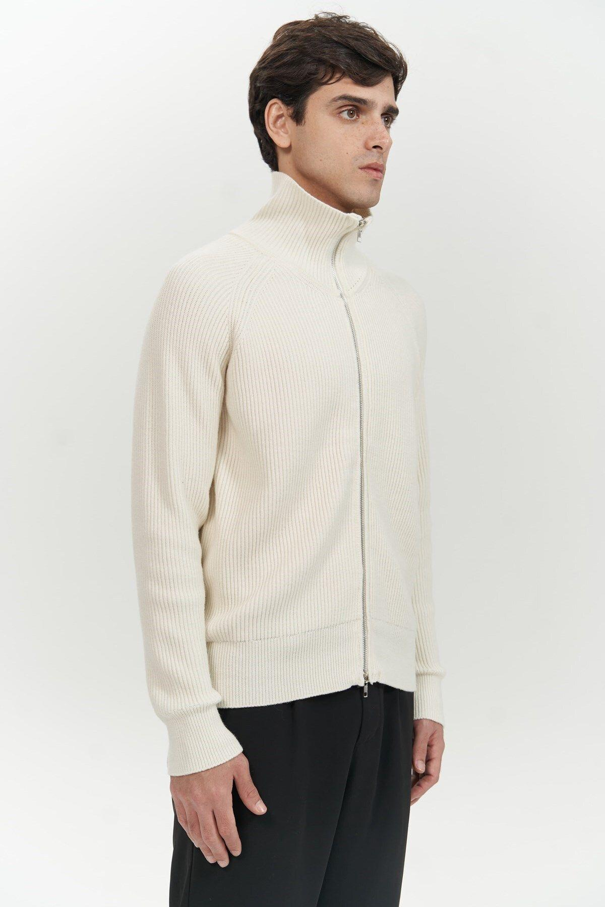 Brock Tam Fermuarlı Ekru Erkek Triko Kazak