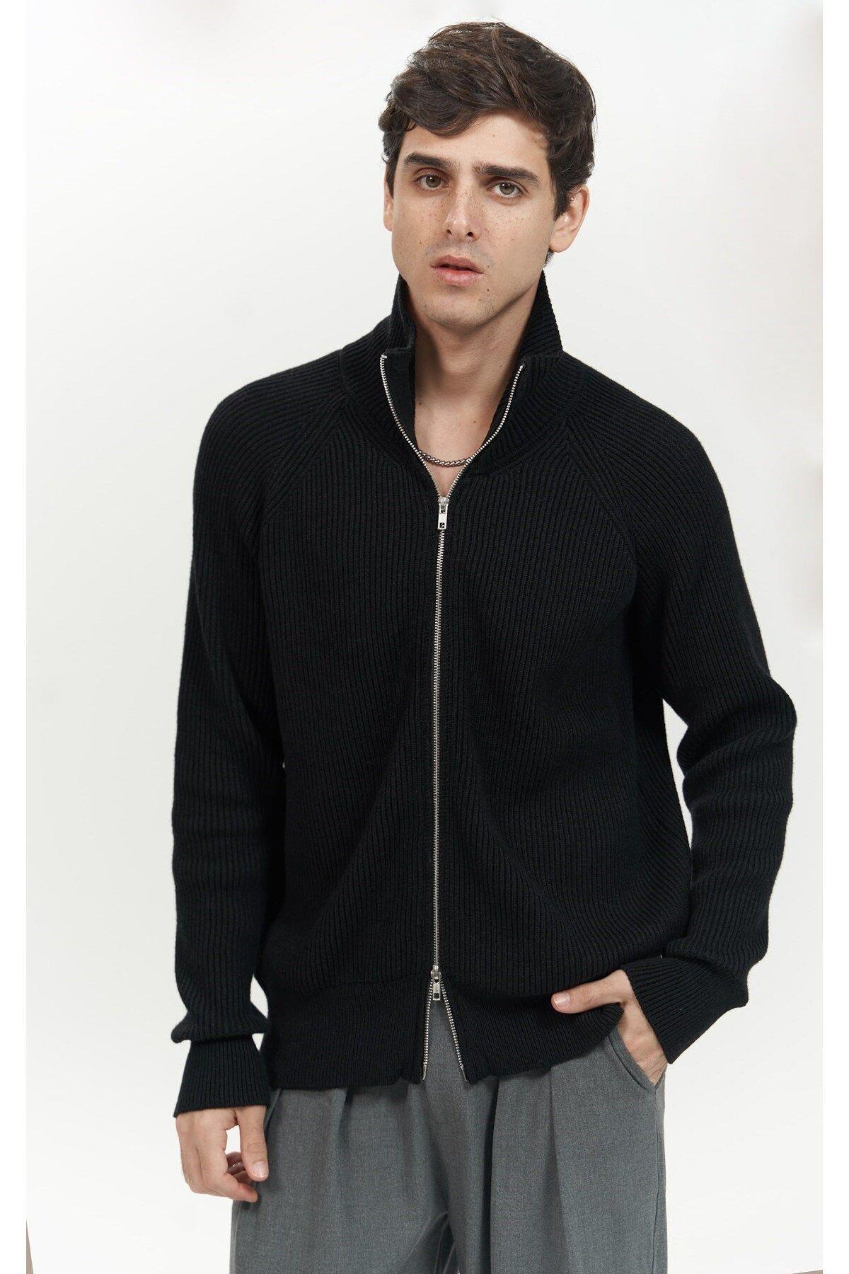 Brock Men's Black Zip-Up Knit Cardigan