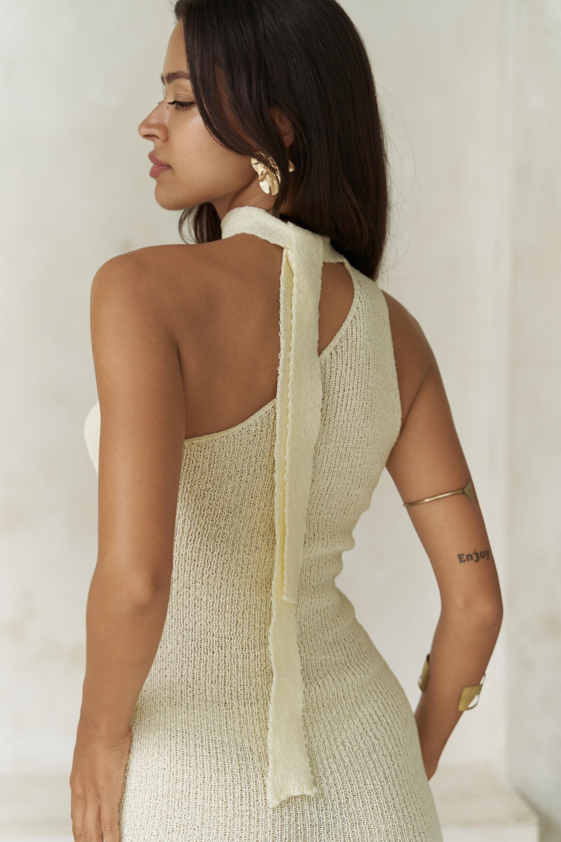 Budah Asimetrik Triko Sarı Mini Elbise