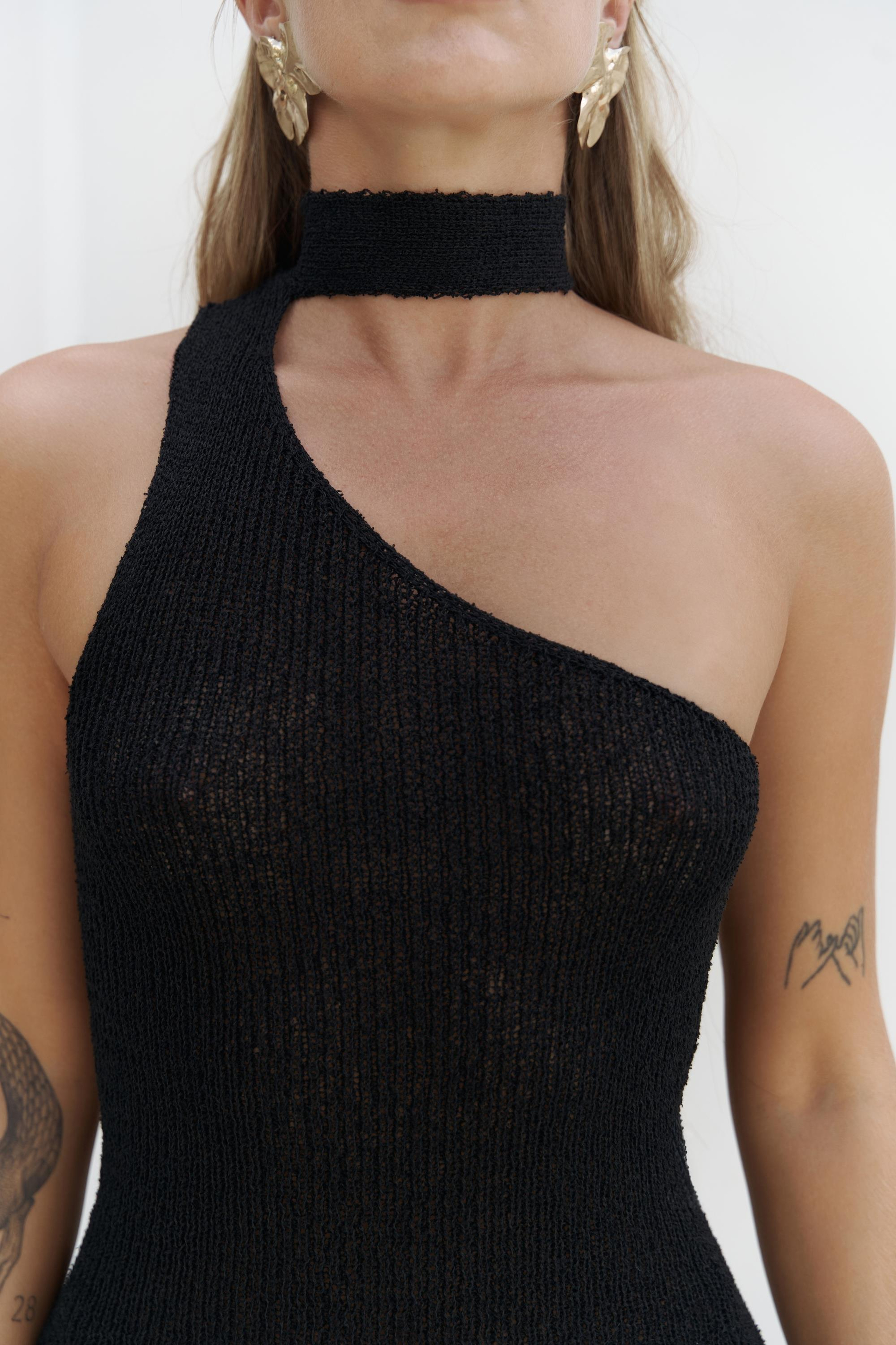 Budah Asimetrik Triko Siyah Mini Elbise