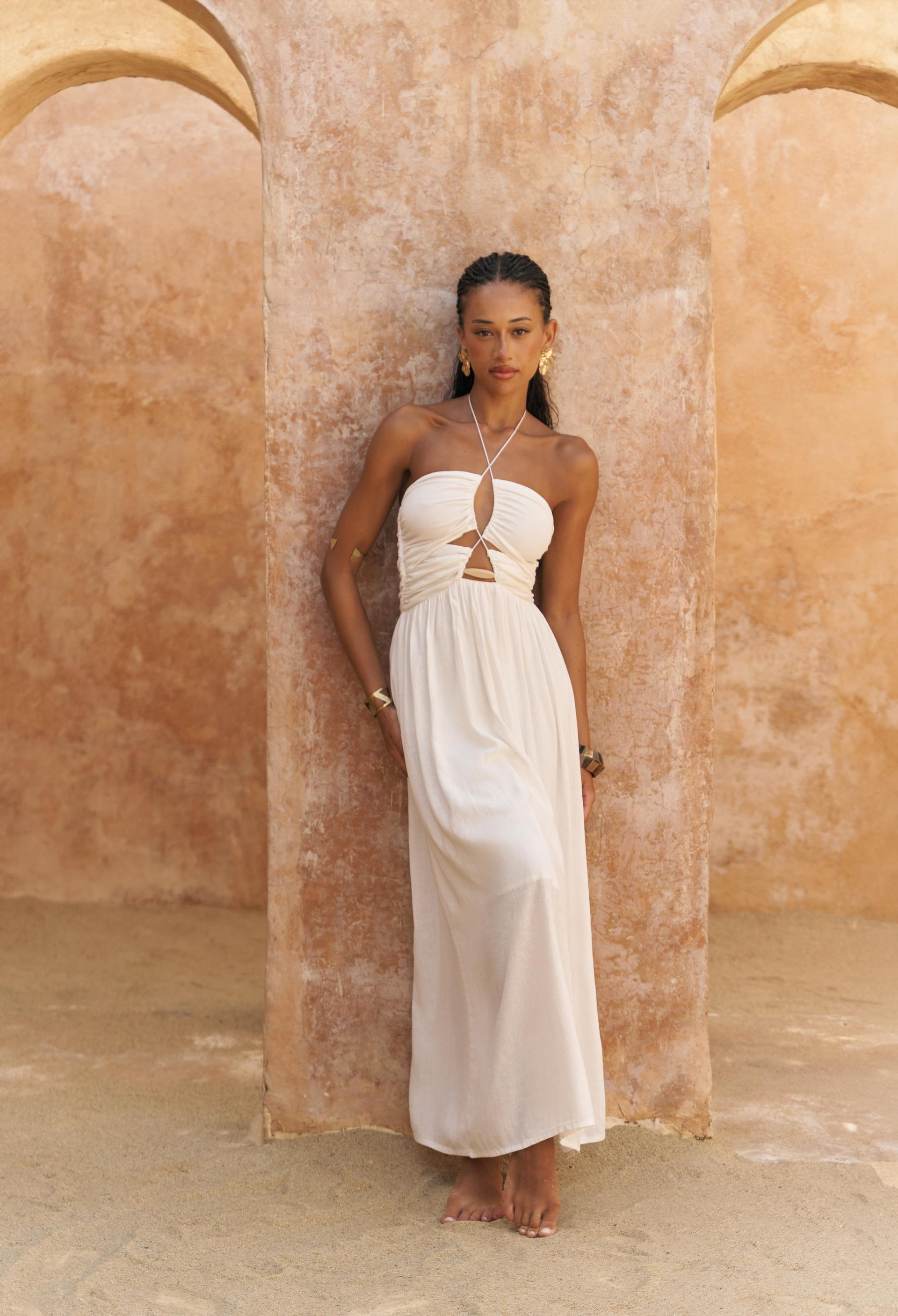 Burnika Boncuk Detay Ekru Keten Elbise