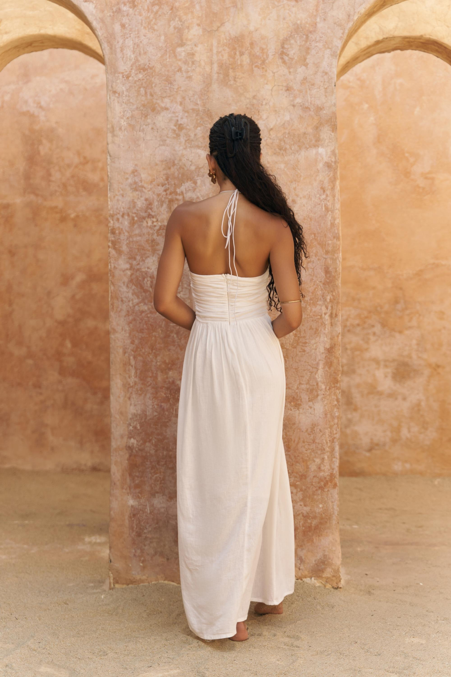 Burnika Boncuk Detay Ekru Keten Elbise