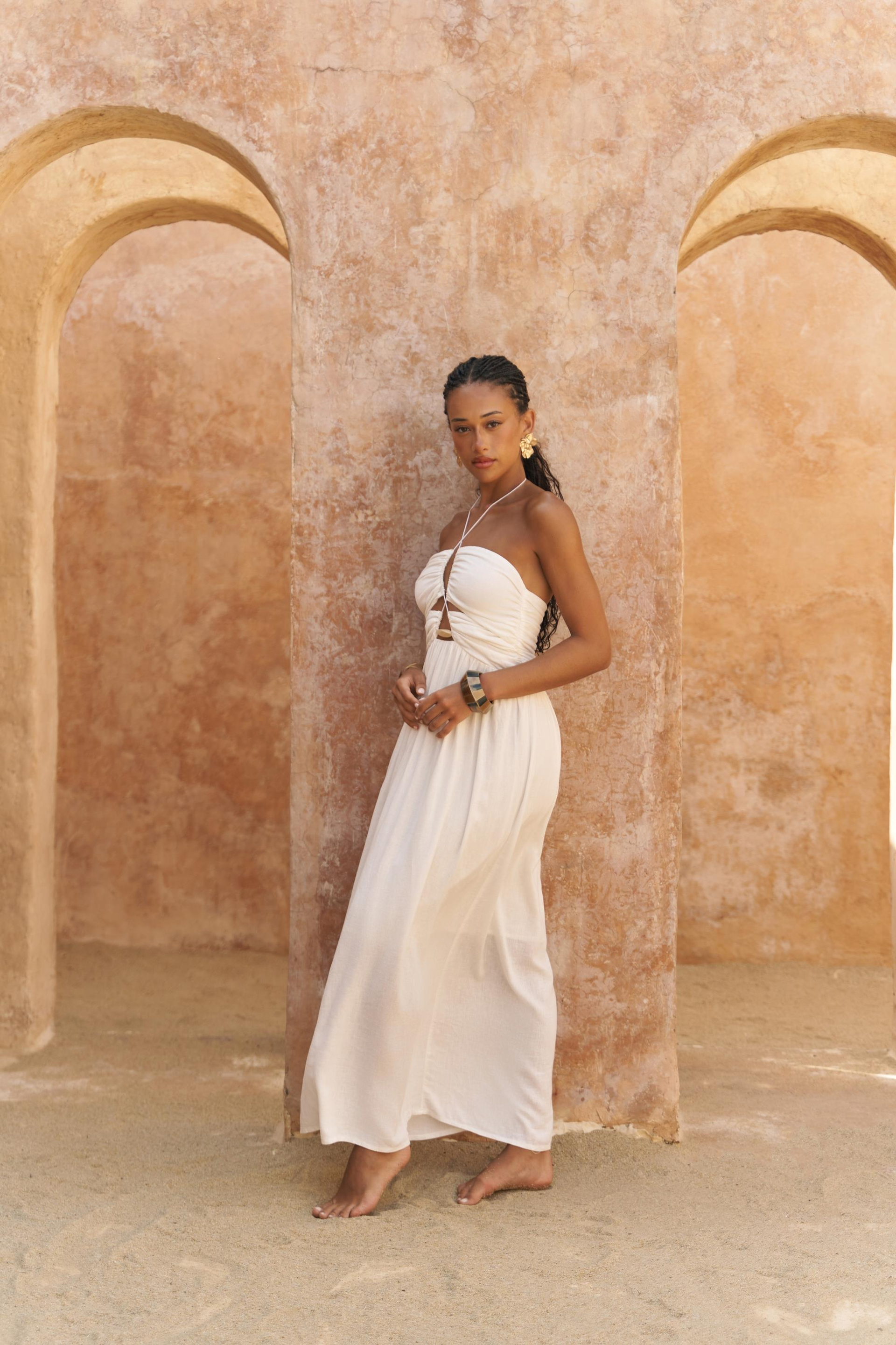 Burnika Boncuk Detay Ekru Keten Elbise