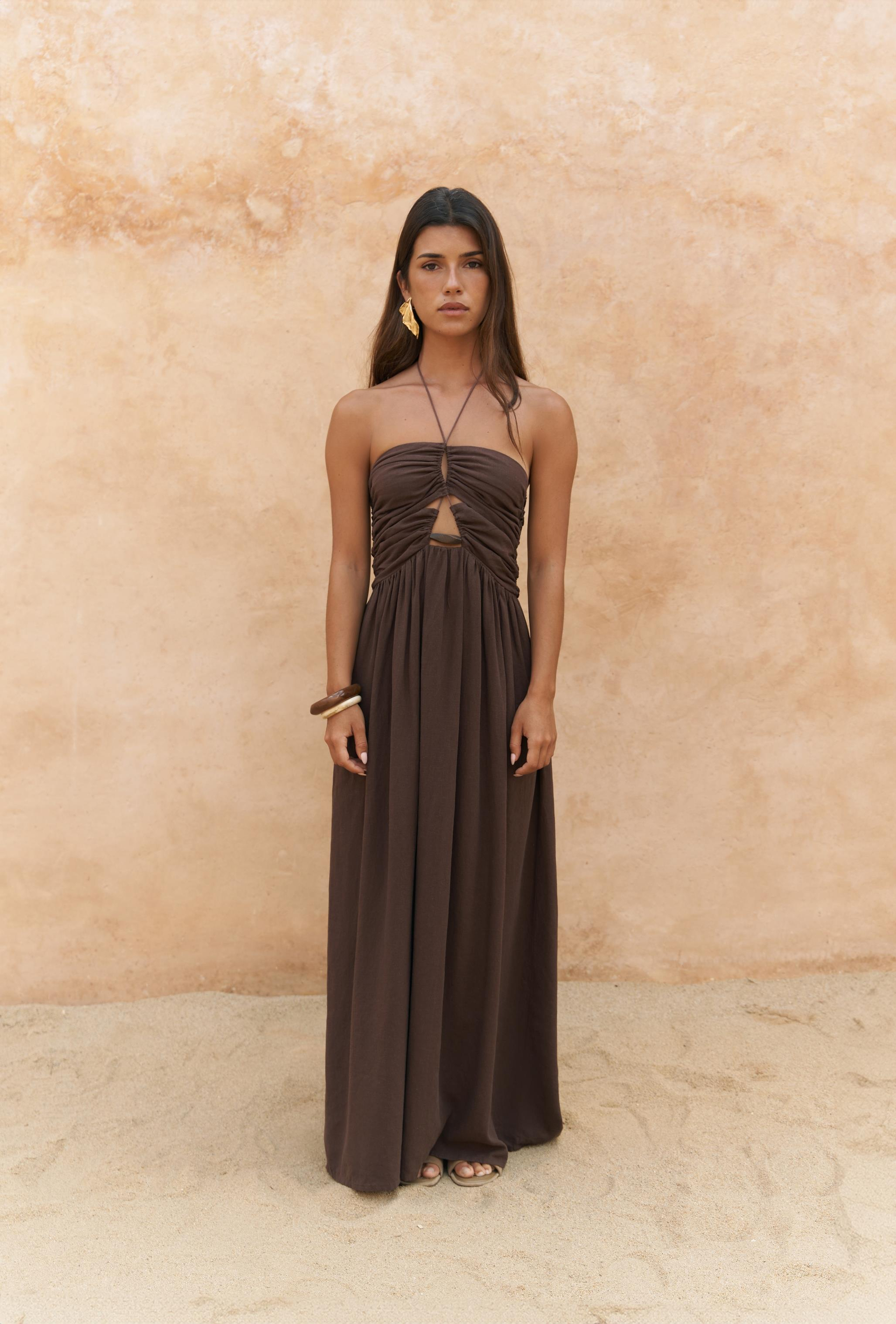 Burnika Boncuk Detay Kahve Keten Elbise