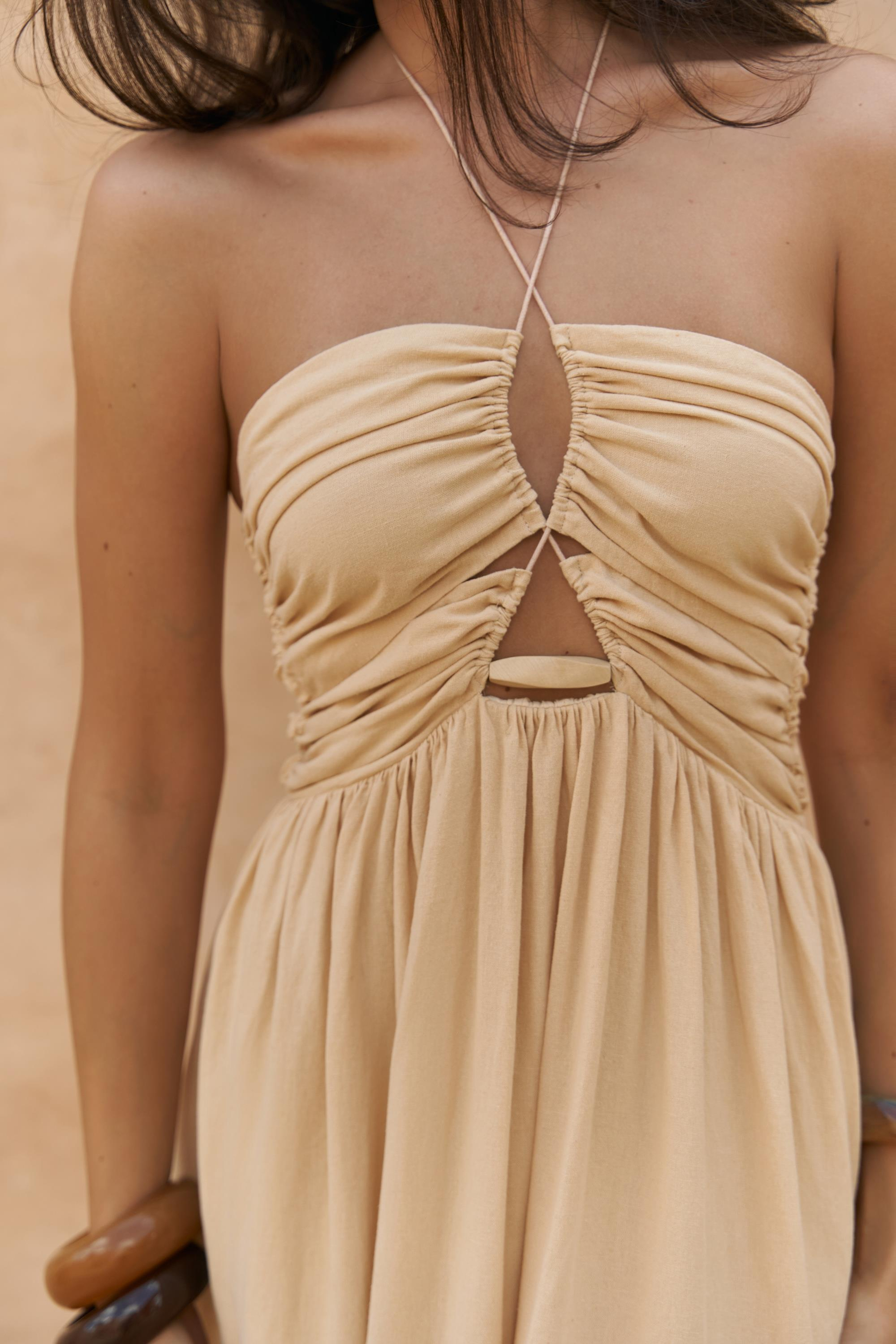 Burnika Boncuk Detay Sarı Keten Elbise