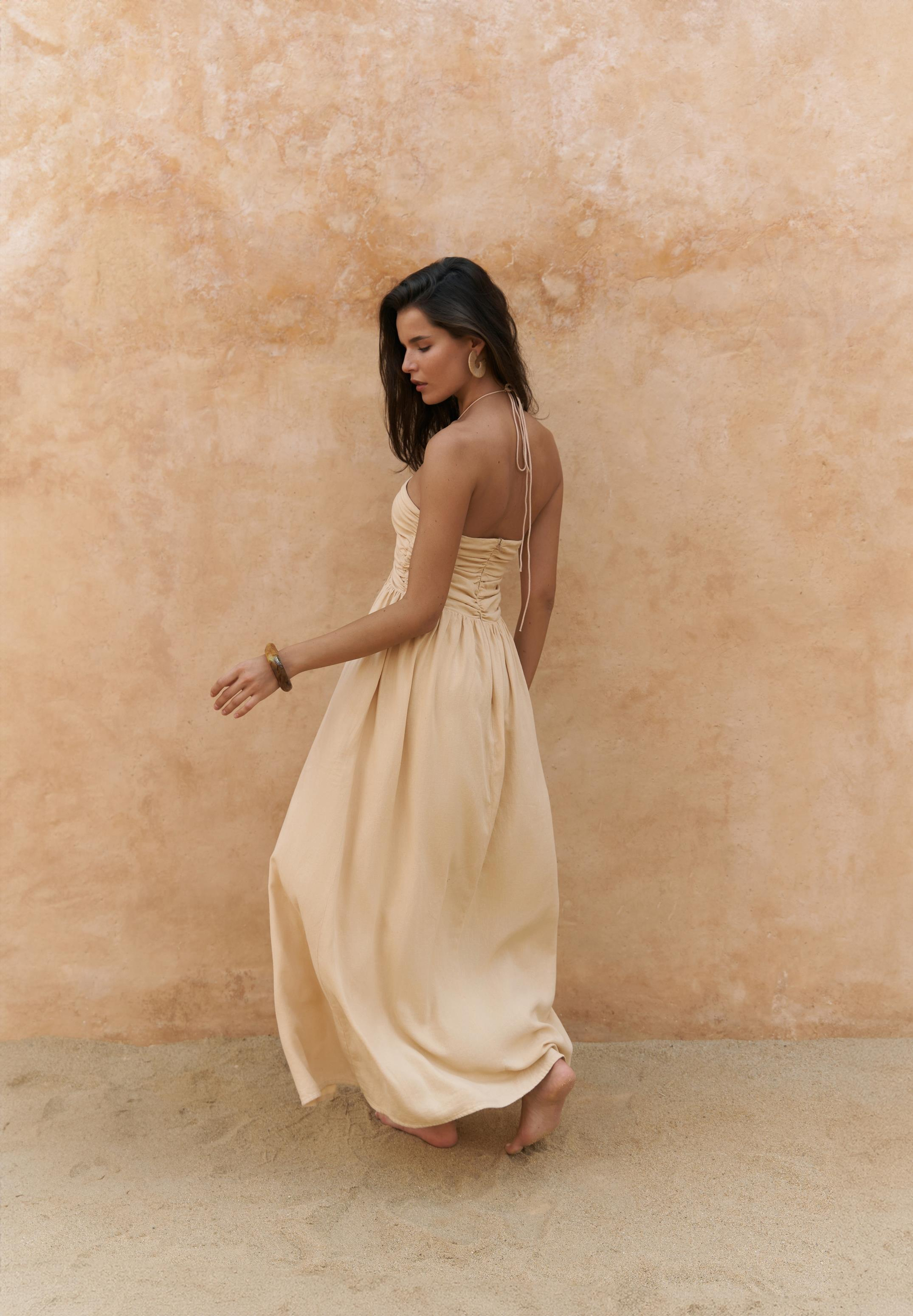 Burnika Boncuk Detay Sarı Keten Elbise