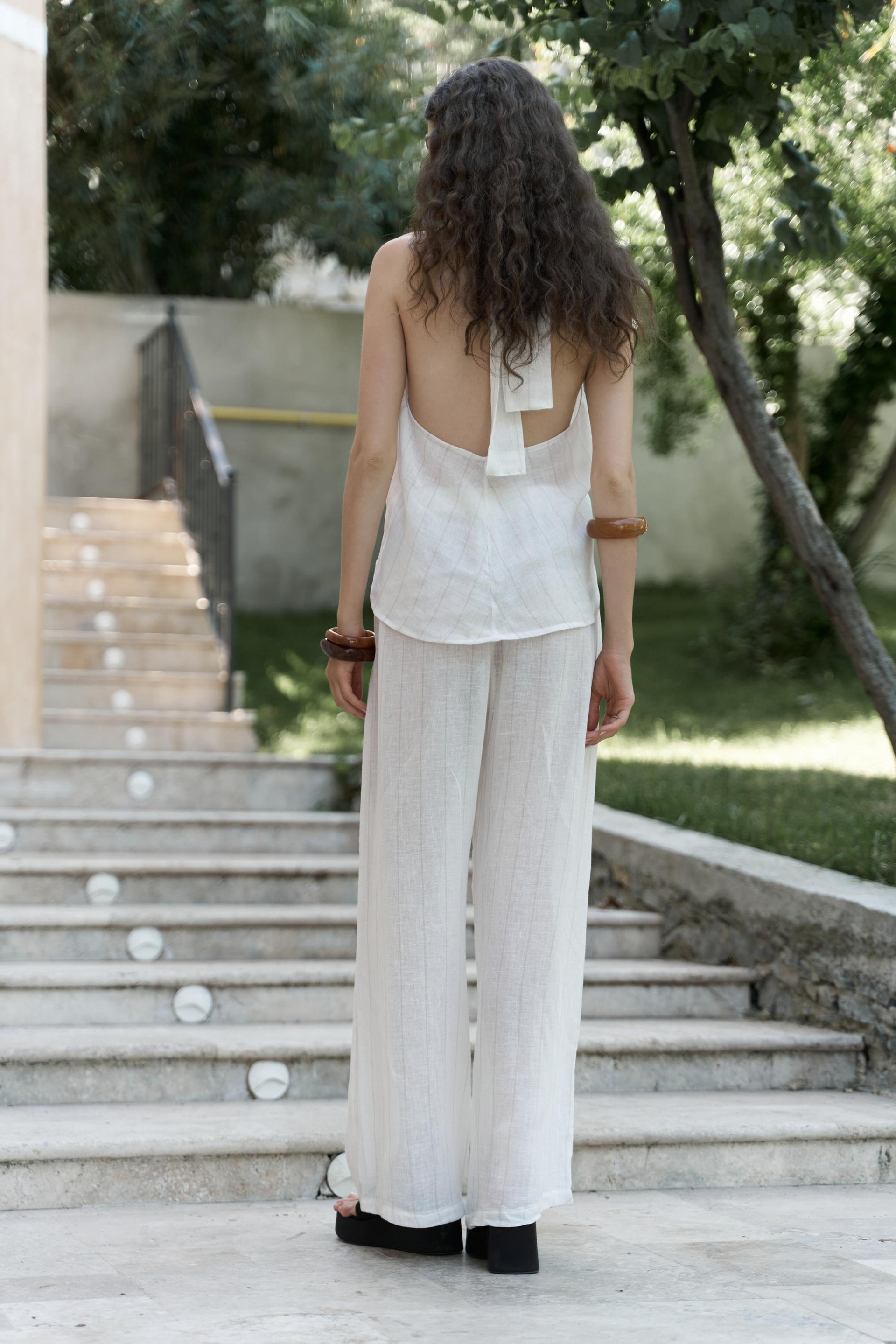 Cadhas Boyundan Bağlamalı Ekru Crop Pantolon Takım