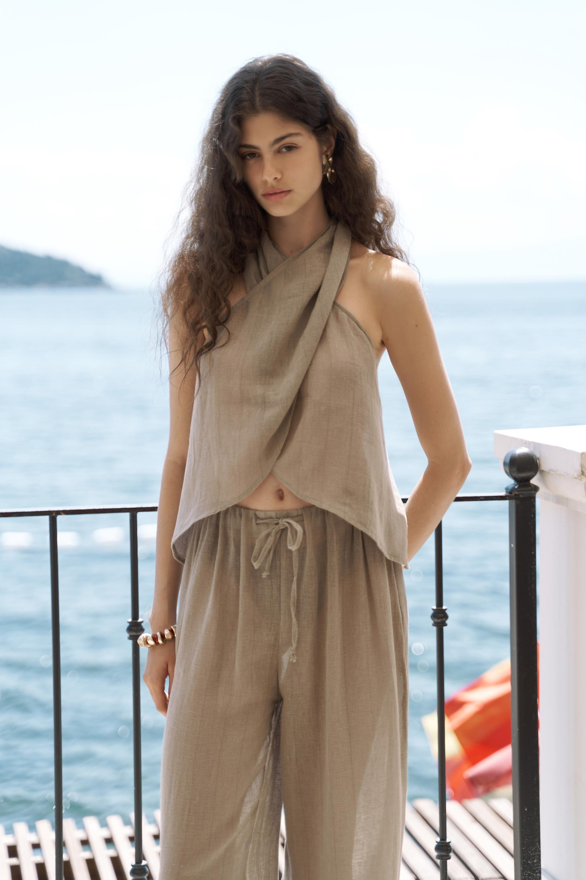 Cadhas Boyundan Bağlamalı Haki Crop Pantolon Takım