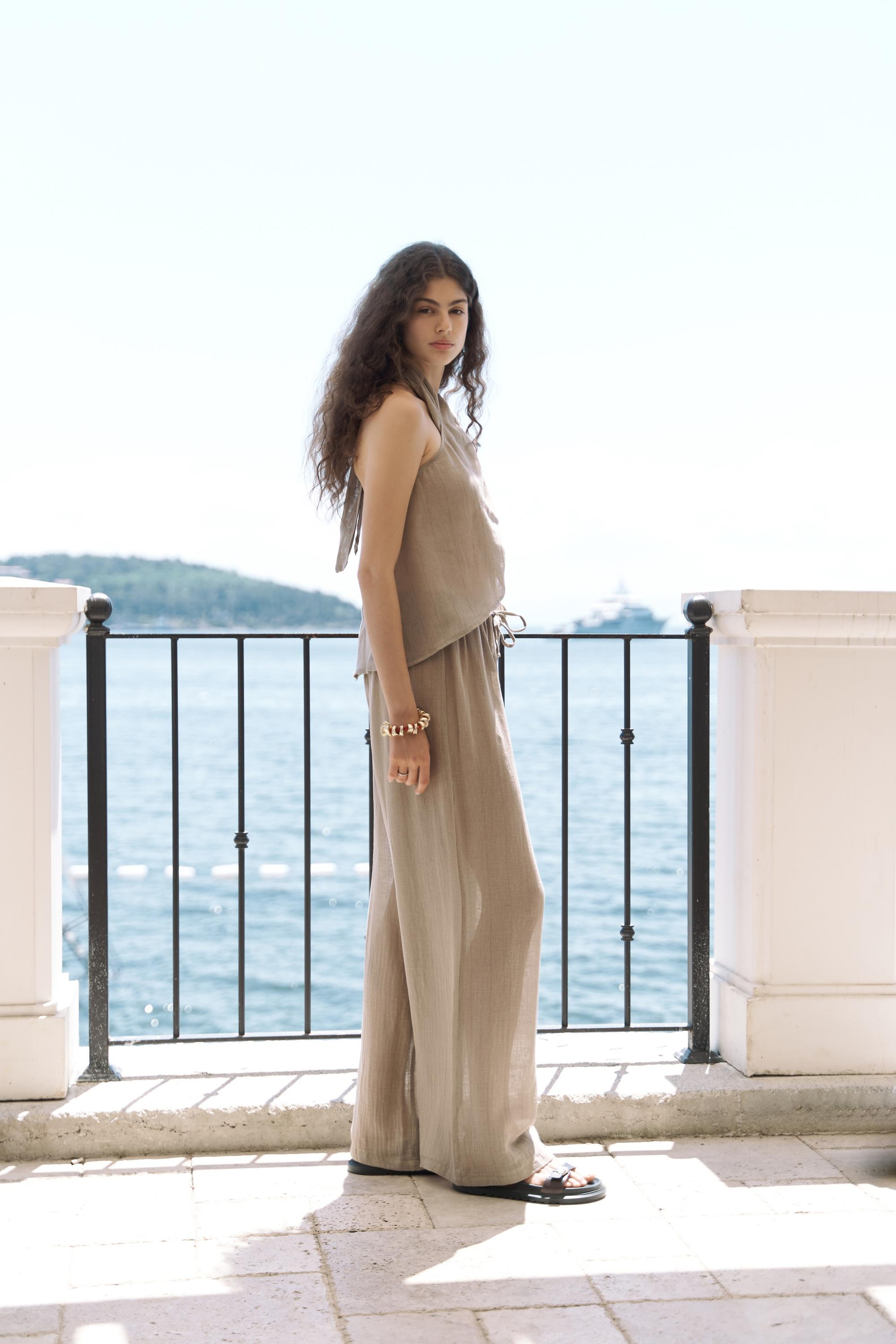 Cadhas Boyundan Bağlamalı Haki Crop Pantolon Takım