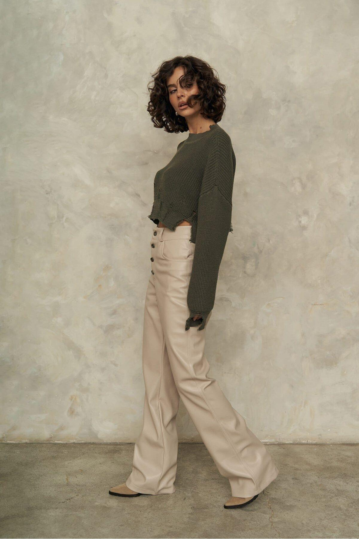 Cala Dark Khaki Knit Crop Sweater with Slit Detail