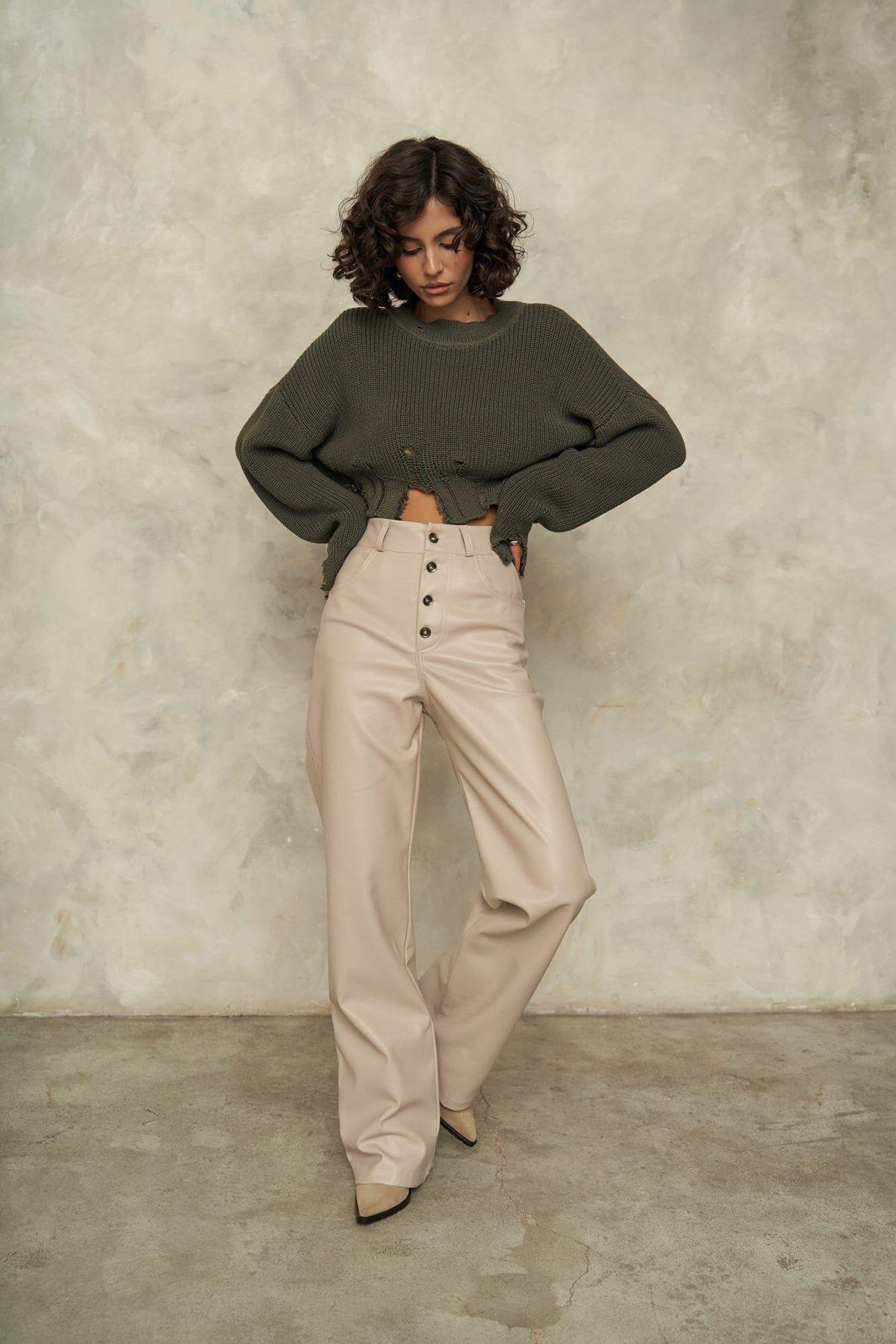 Cala Dark Khaki Knit Crop Sweater with Slit Detail