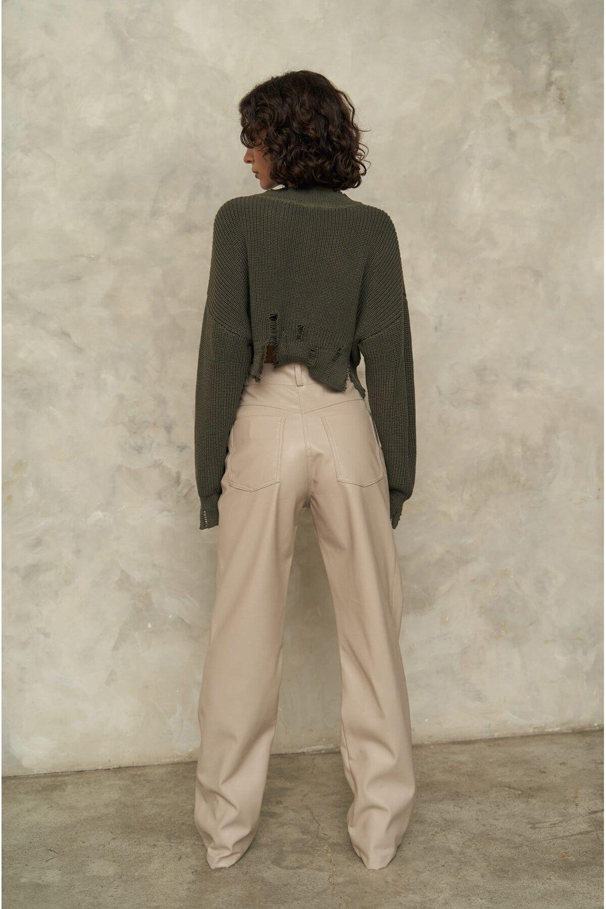 Cala Dark Khaki Knit Crop Sweater with Slit Detail
