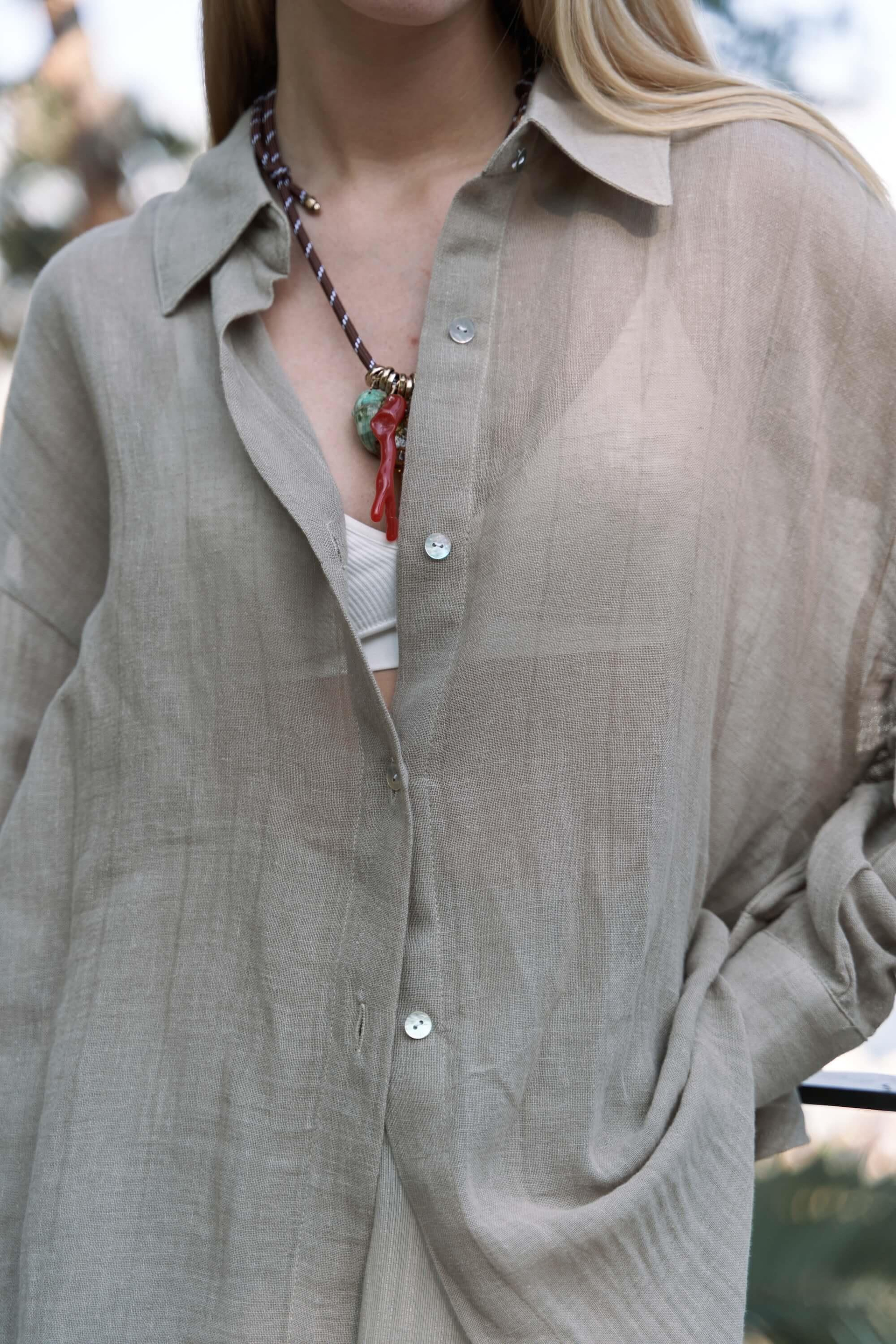 Calynn Sırt Dekolteli Çizgili Haki Keten Gömlek