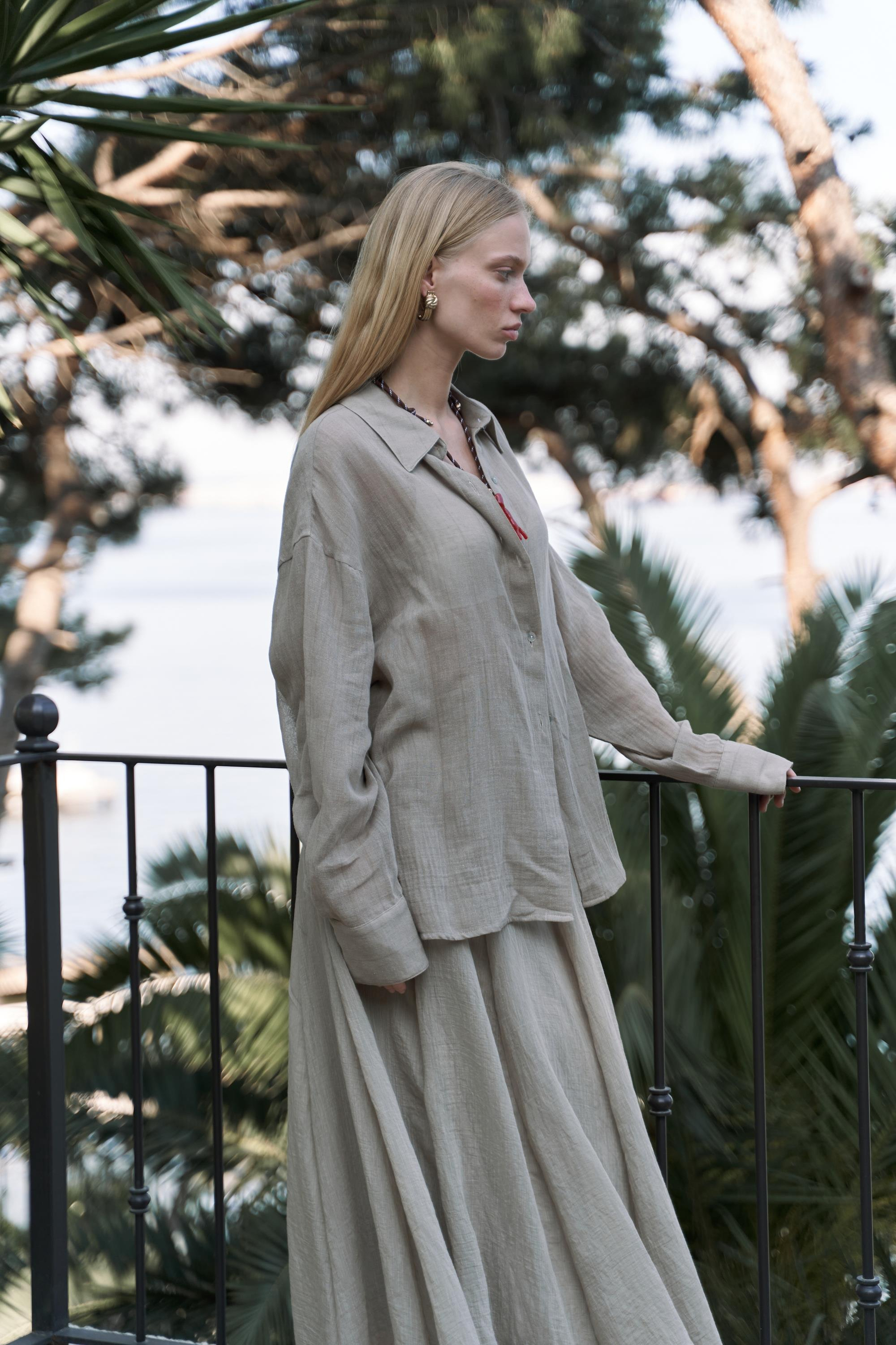 Calynn Sırt Dekolteli Çizgili Haki Keten Gömlek