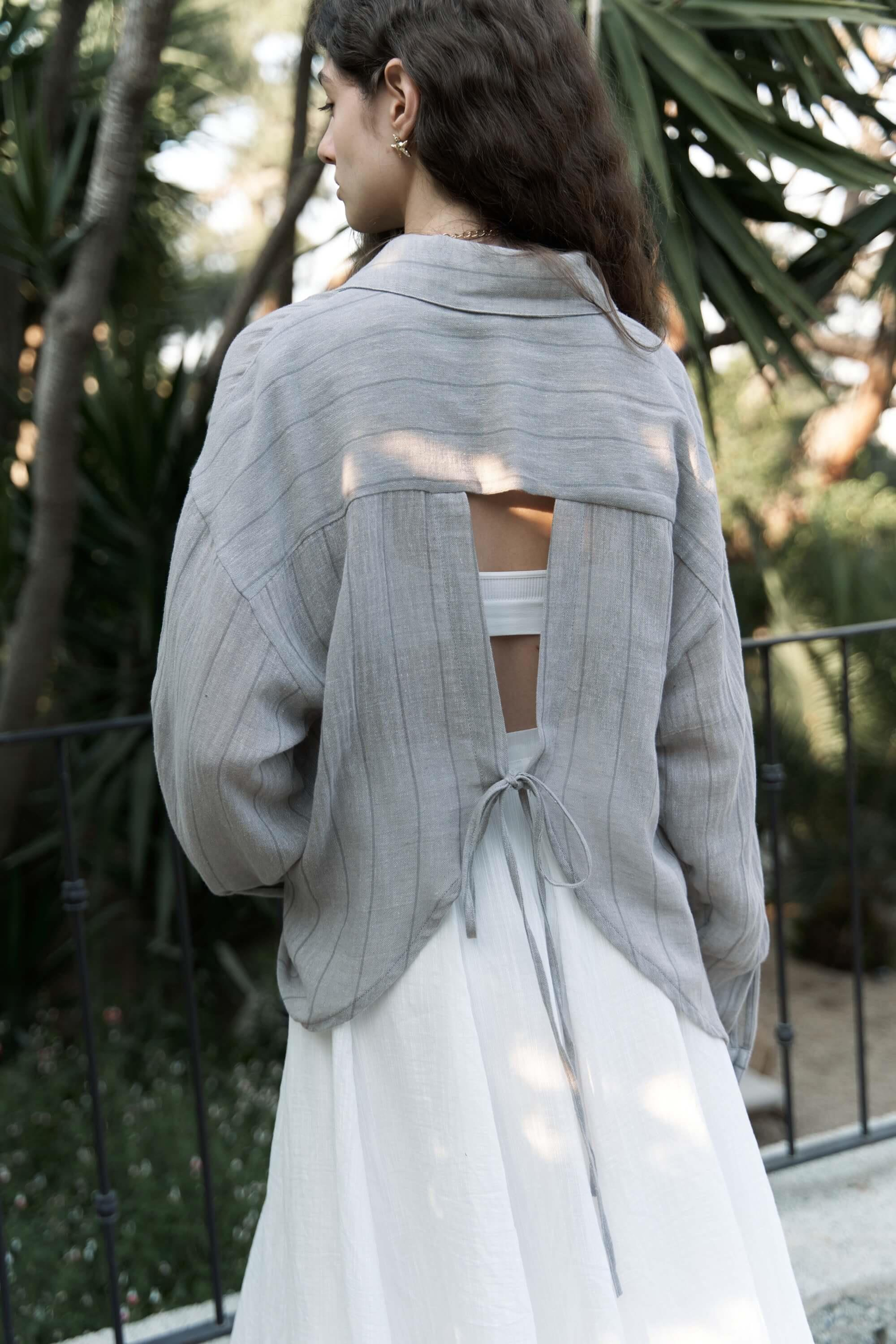 Calynn Sırt Dekolteli Çizgili Vizon Keten Gömlek