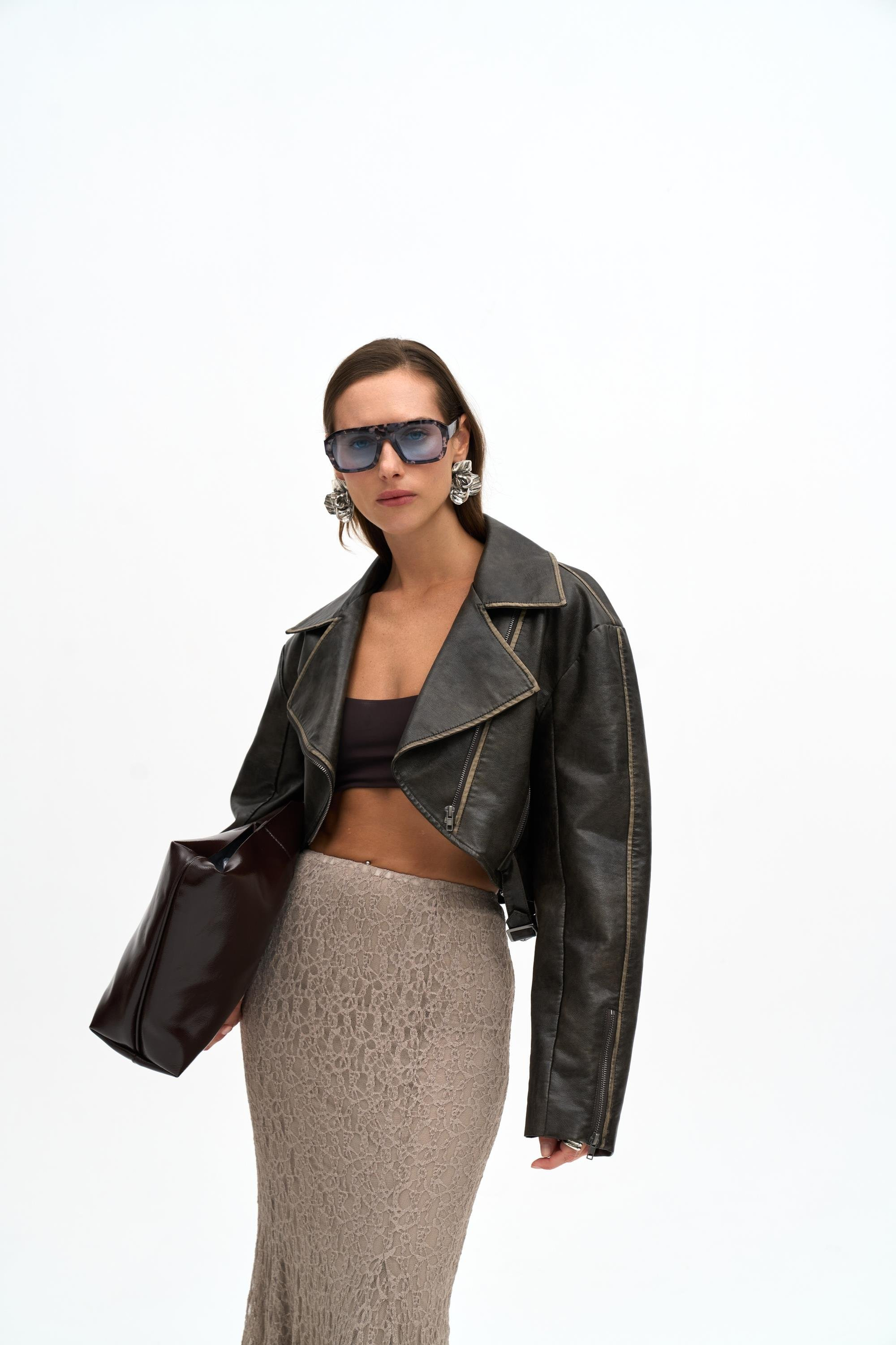 Carnas Asimetrik Antrasit Suni Deri Ceket