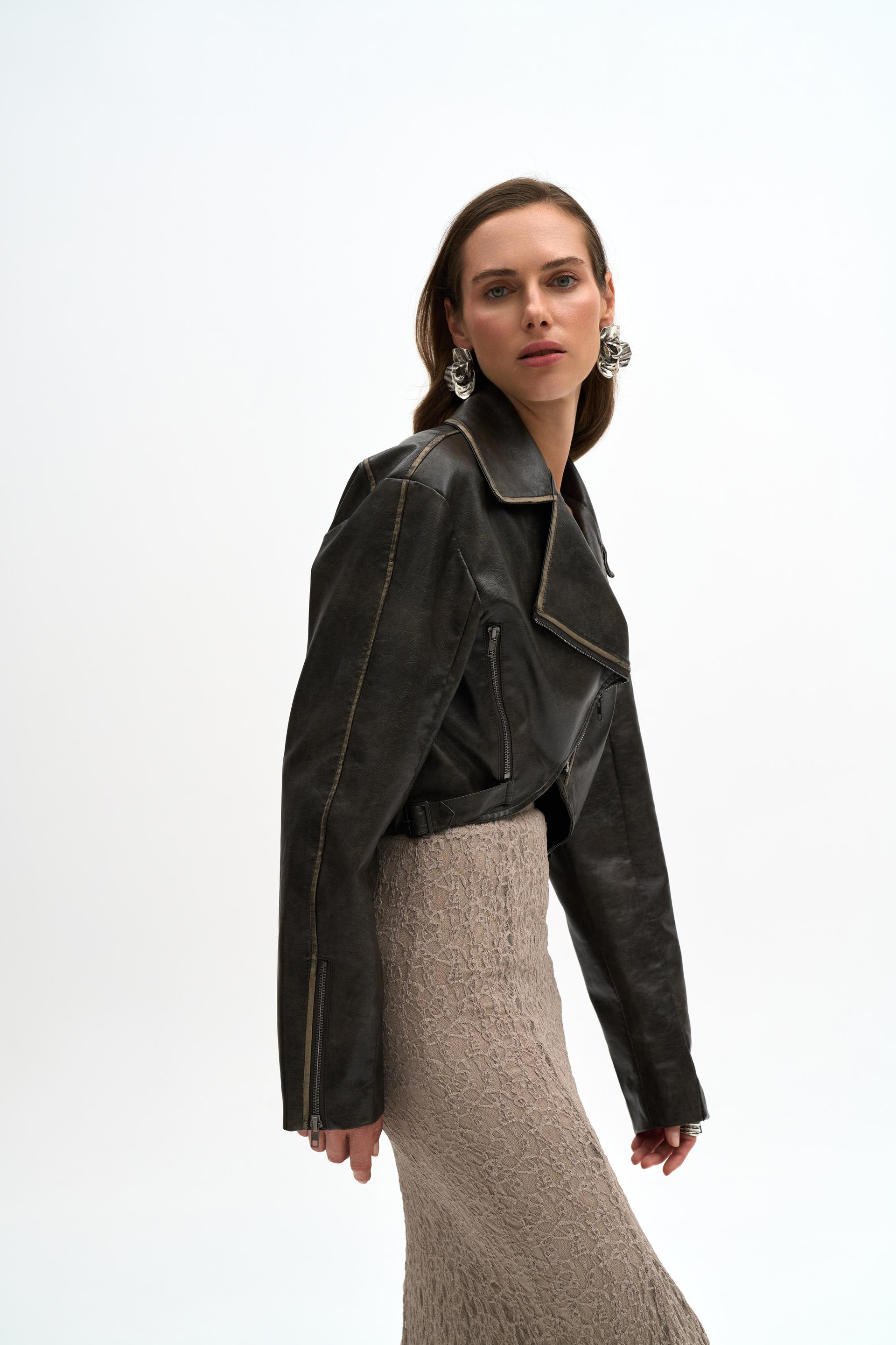 Carnas Asimetrik Antrasit Suni Deri Ceket