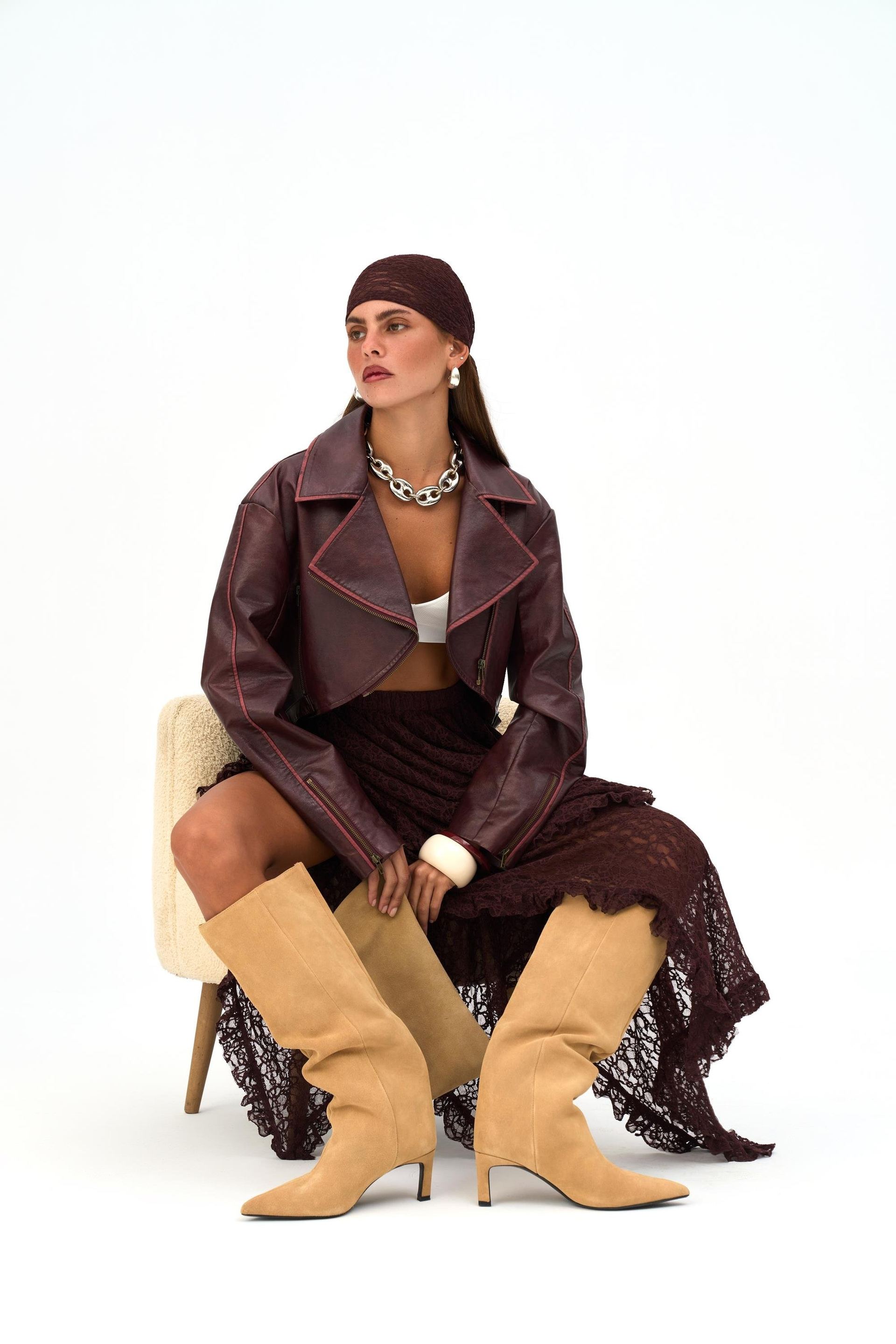 Carnas Asimetrik Bordo Suni Deri Ceket