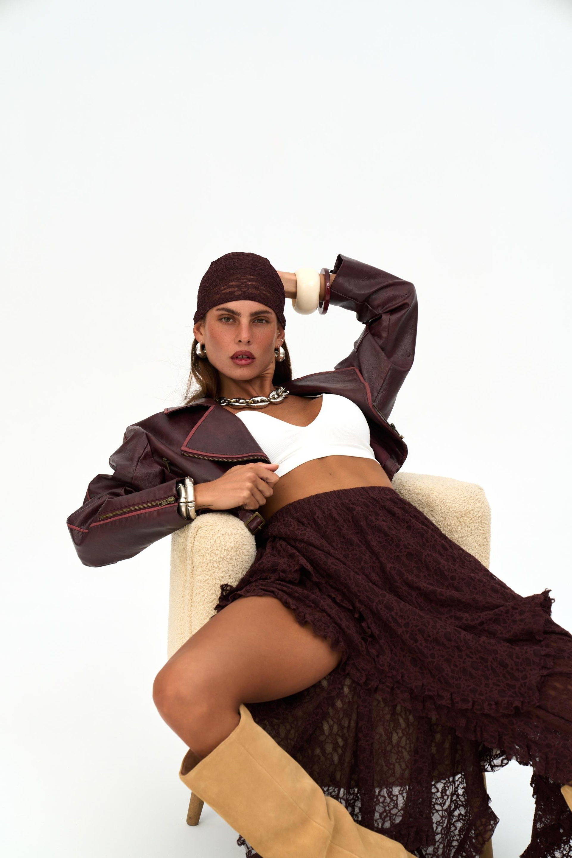 Carnas Asimetrik Bordo Suni Deri Ceket