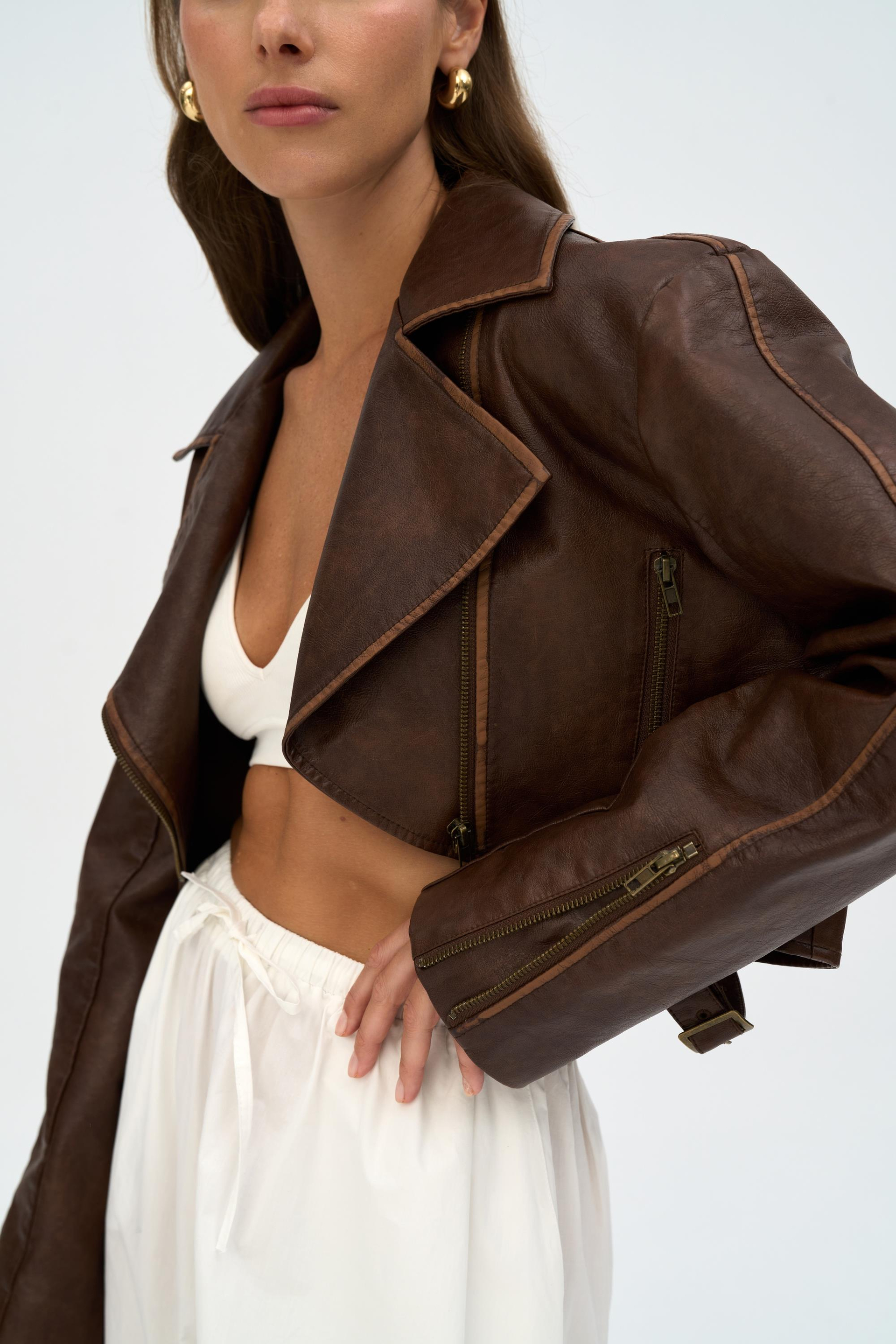 Carnas Asimetrik Kahve Suni Deri Ceket