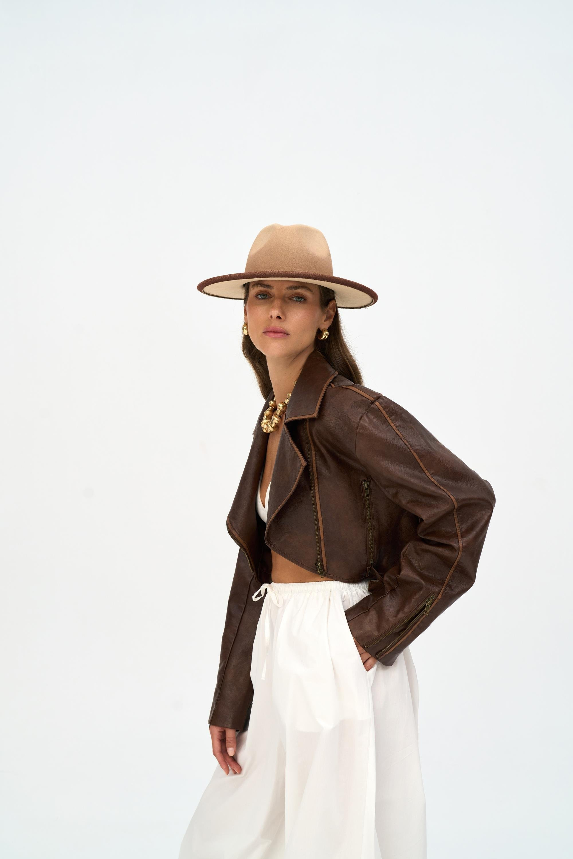 Carnas Asimetrik Kahve Suni Deri Ceket