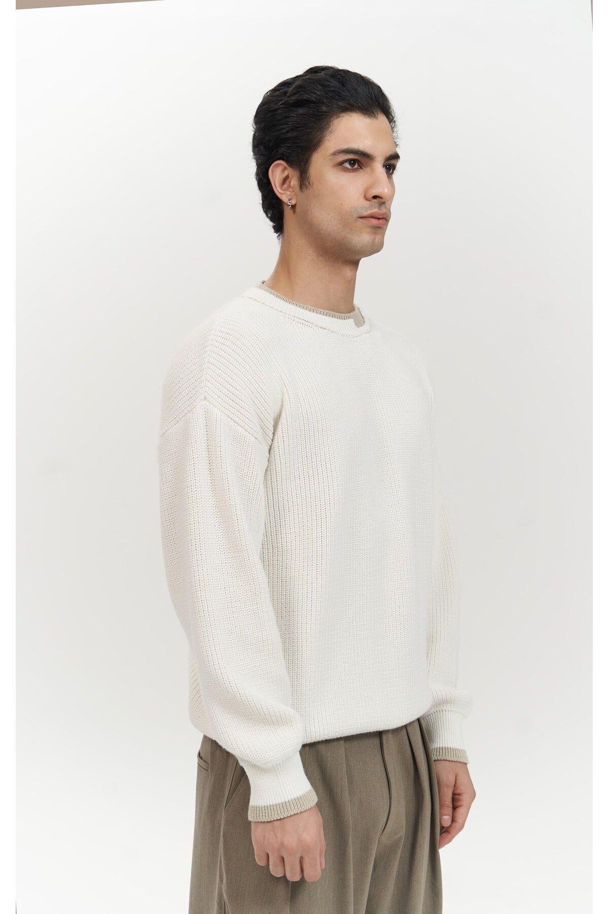 Carter Men's Ecru Knit Sweater with Double-Collar Detail