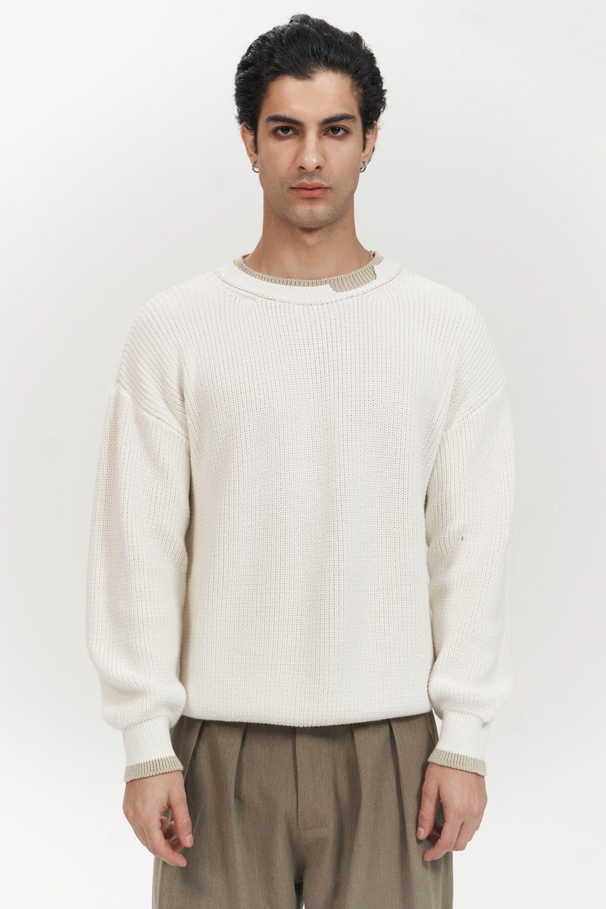 Carter Men's Ecru Knit Sweater with Double-Collar Detail