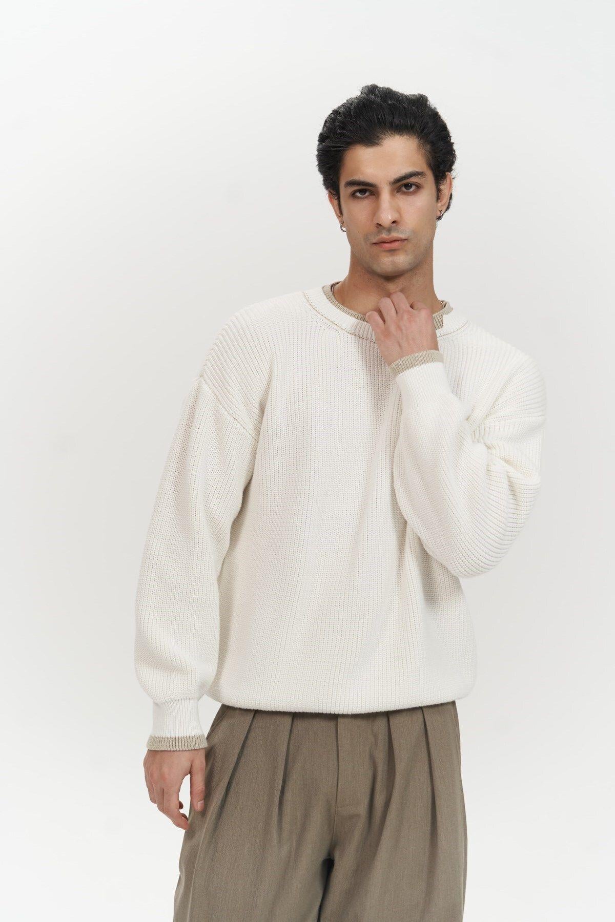 Carter Men's Ecru Knit Sweater with Double-Collar Detail