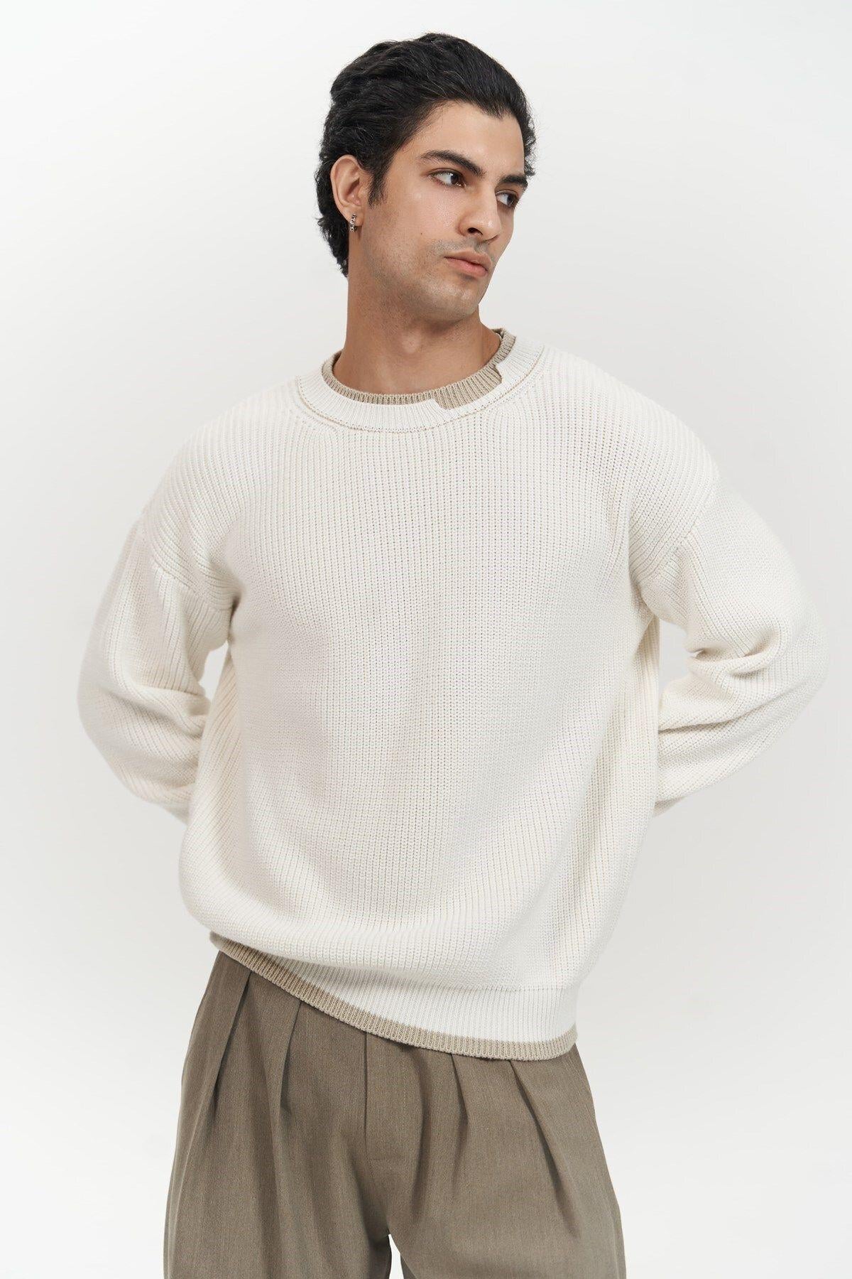 Carter Men's Ecru Knit Sweater with Double-Collar Detail