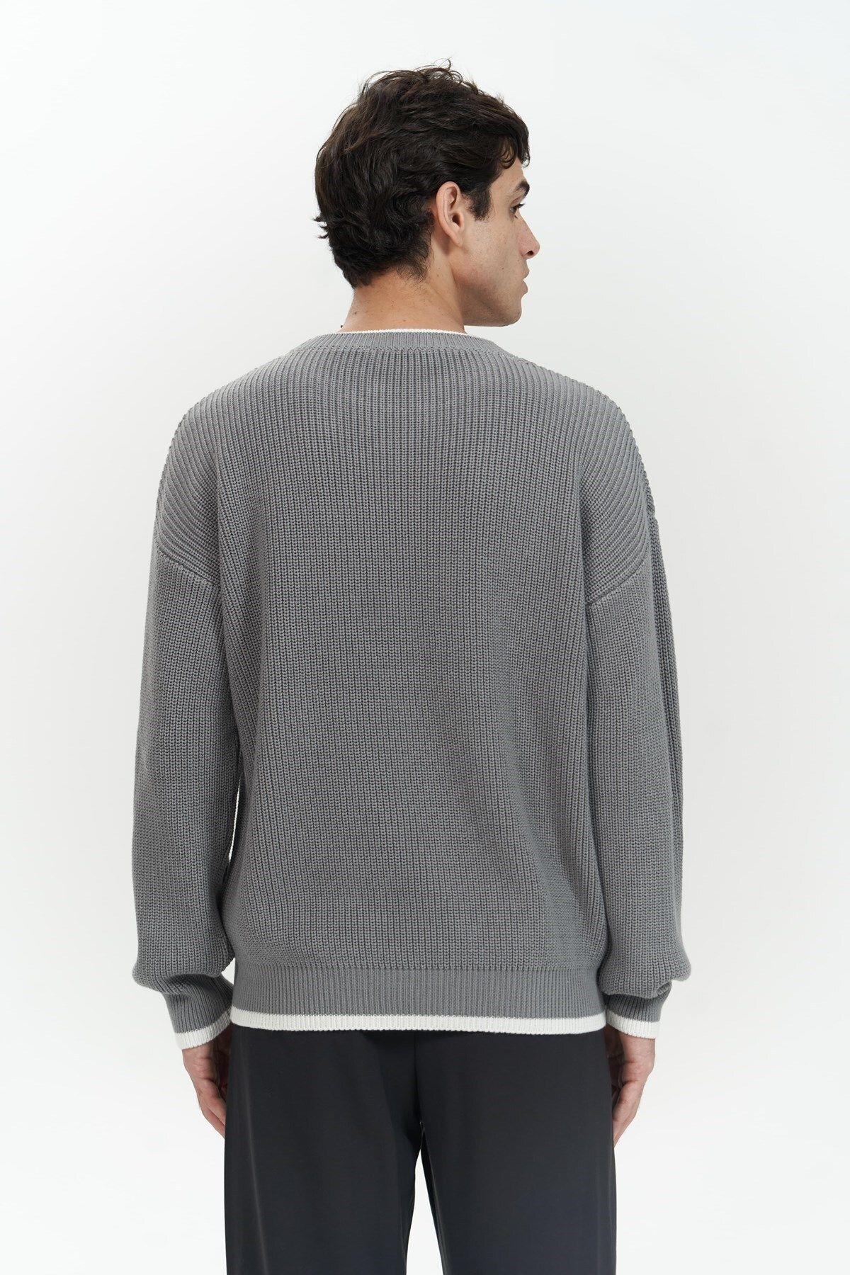 Carter Çift Yaka Detaylı Gri Erkek Triko Kazak