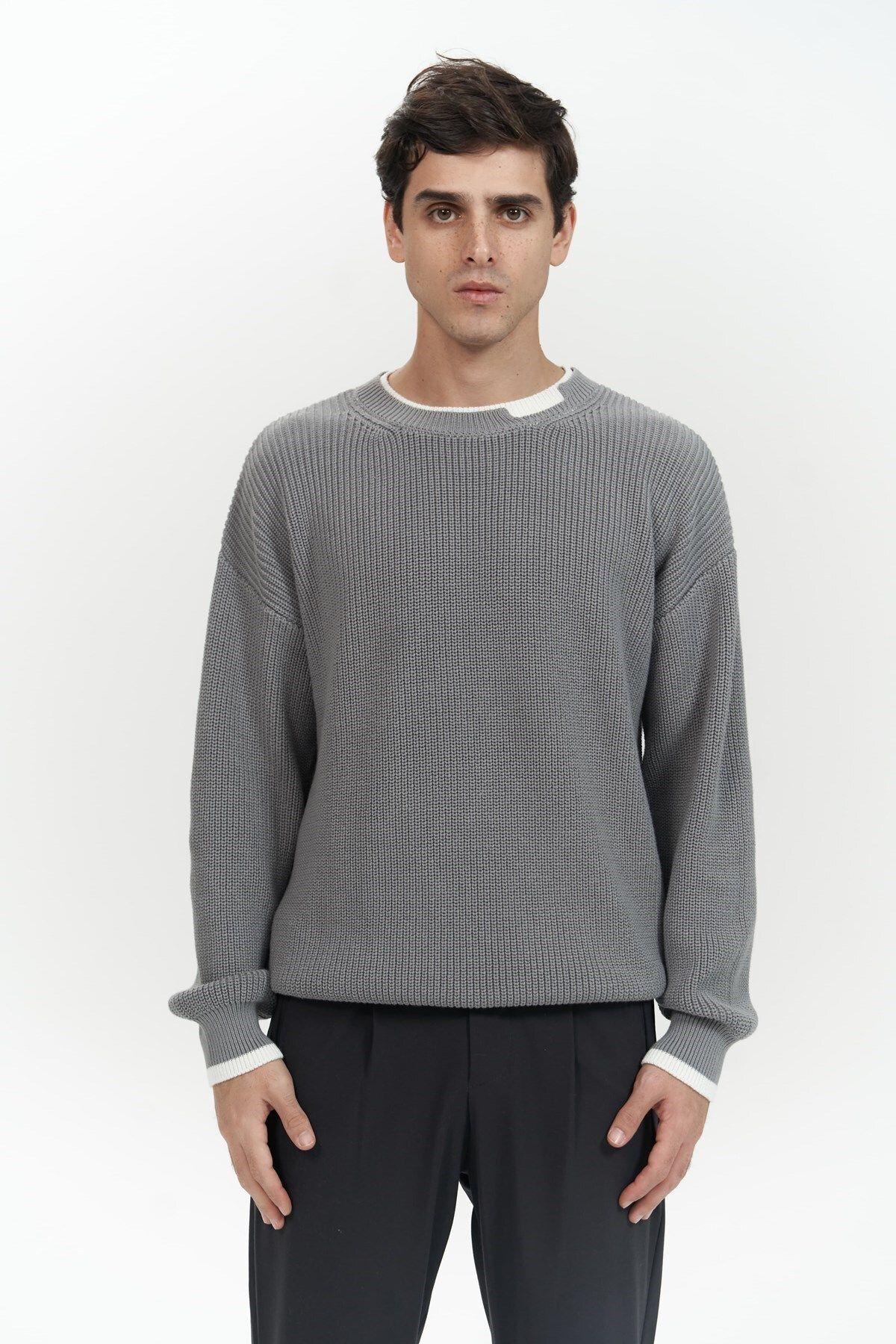 Carter Çift Yaka Detaylı Gri Erkek Triko Kazak