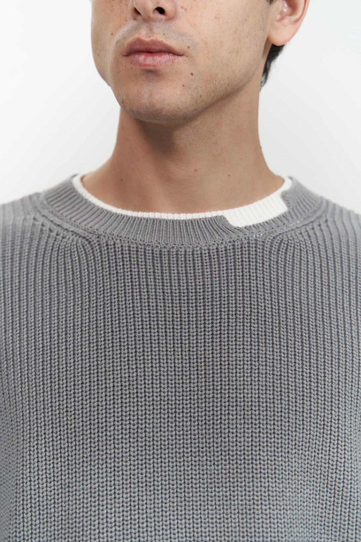 Carter Çift Yaka Detaylı Gri Erkek Triko Kazak