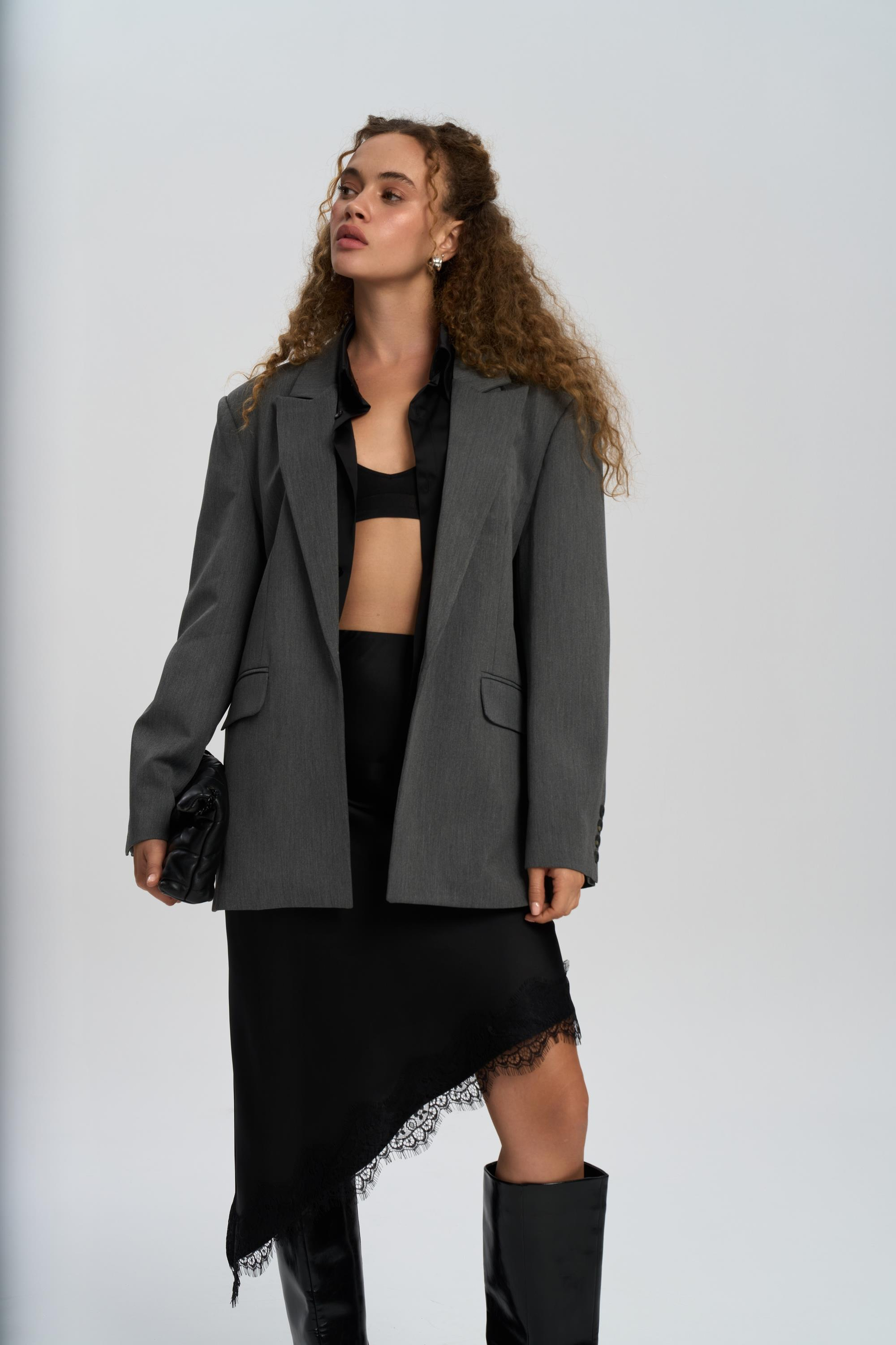 Catroux Shirt Collar Detailed Charcoal Blazer