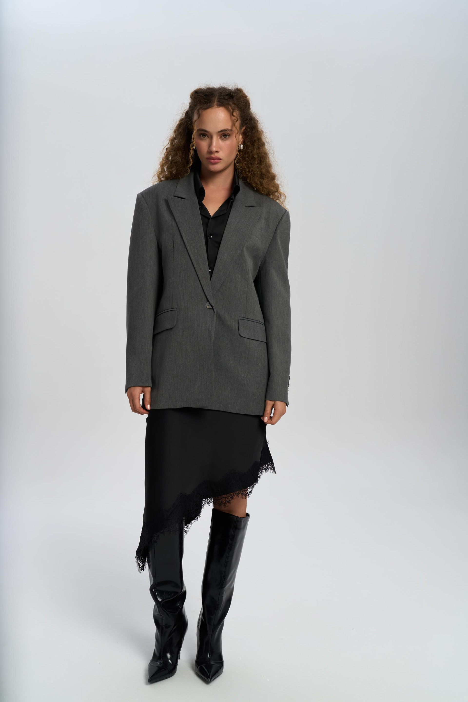 Catroux Shirt Collar Detailed Charcoal Blazer