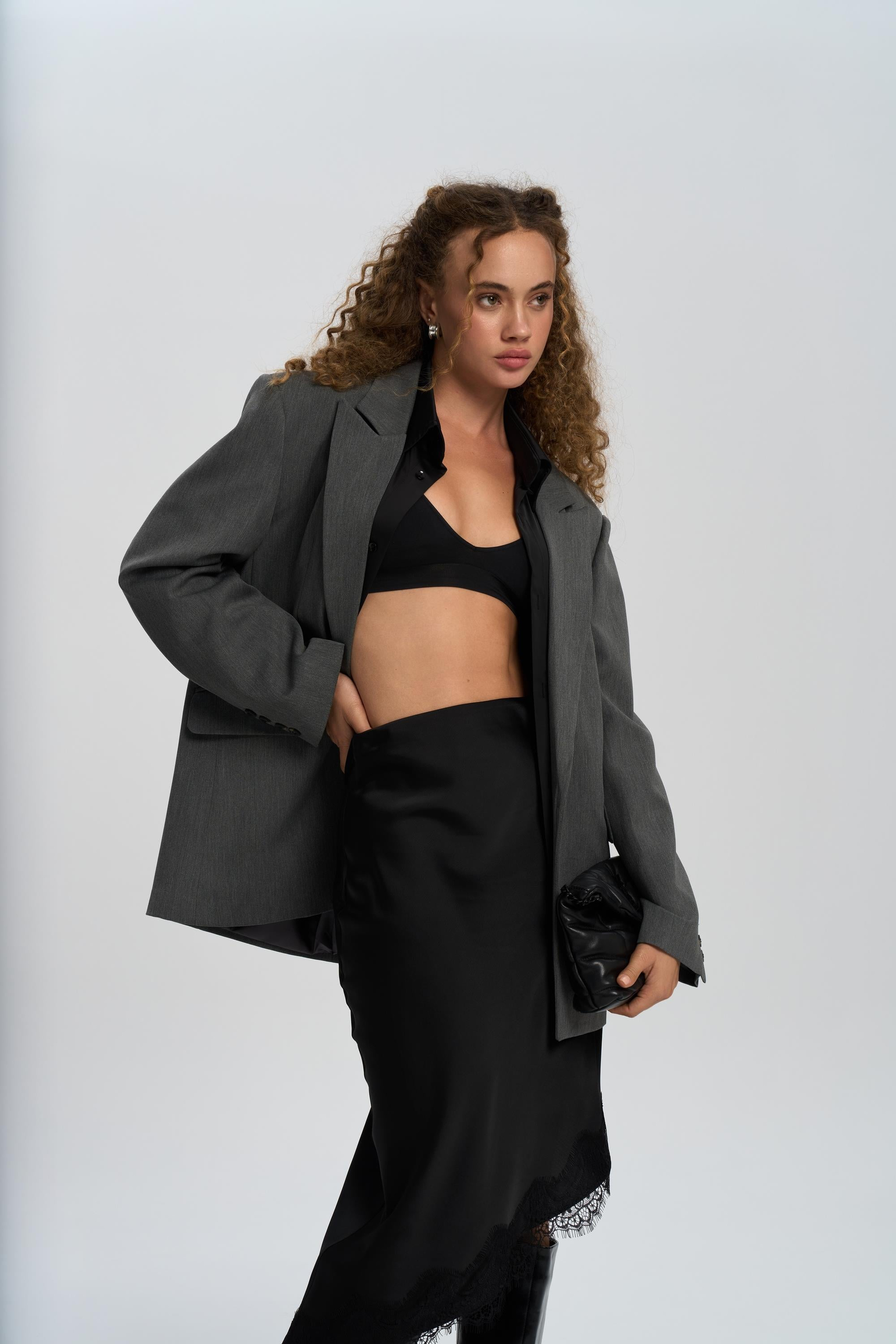 Catroux Shirt Collar Detailed Charcoal Blazer