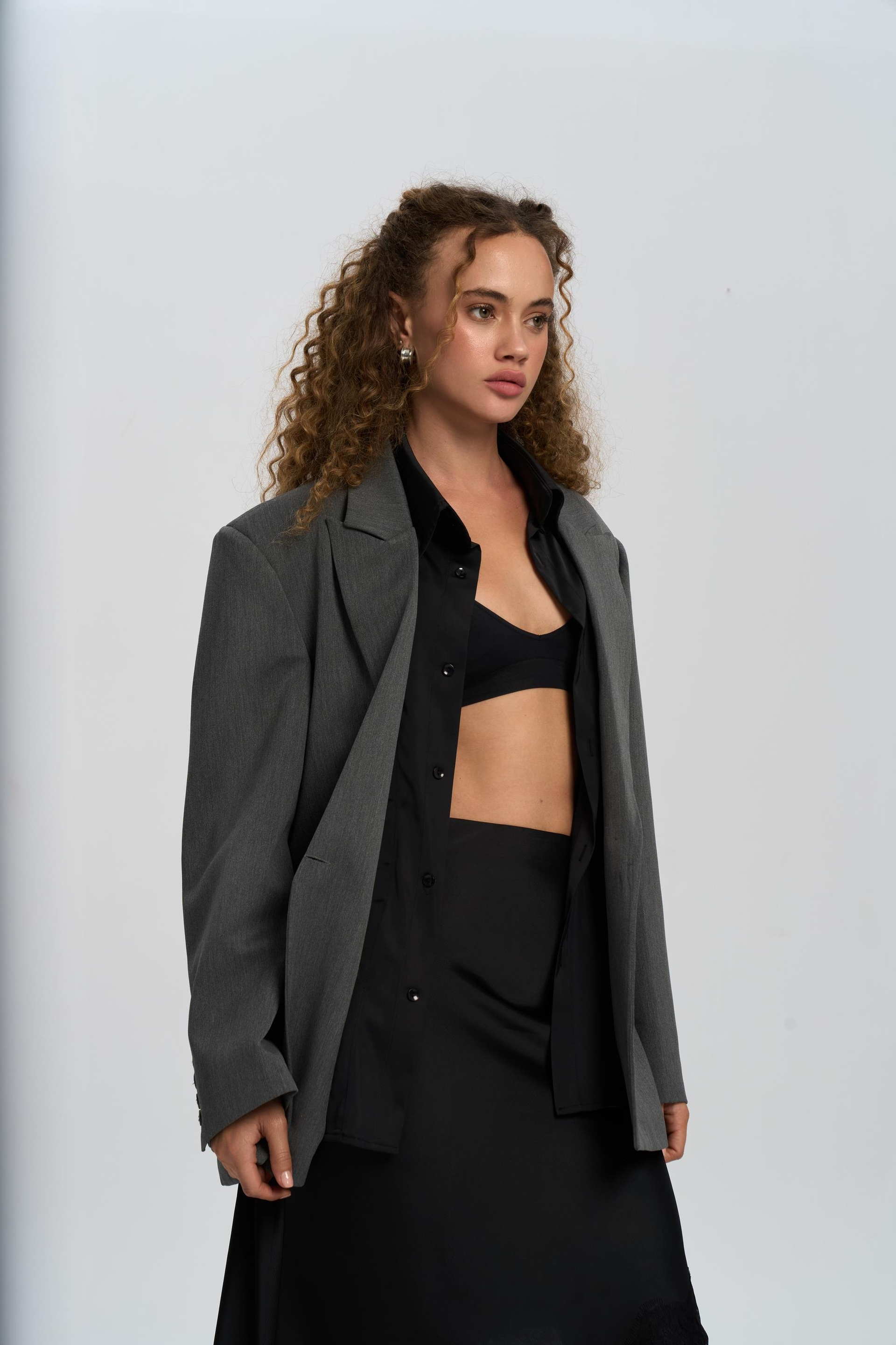 Catroux Shirt Collar Detailed Charcoal Blazer