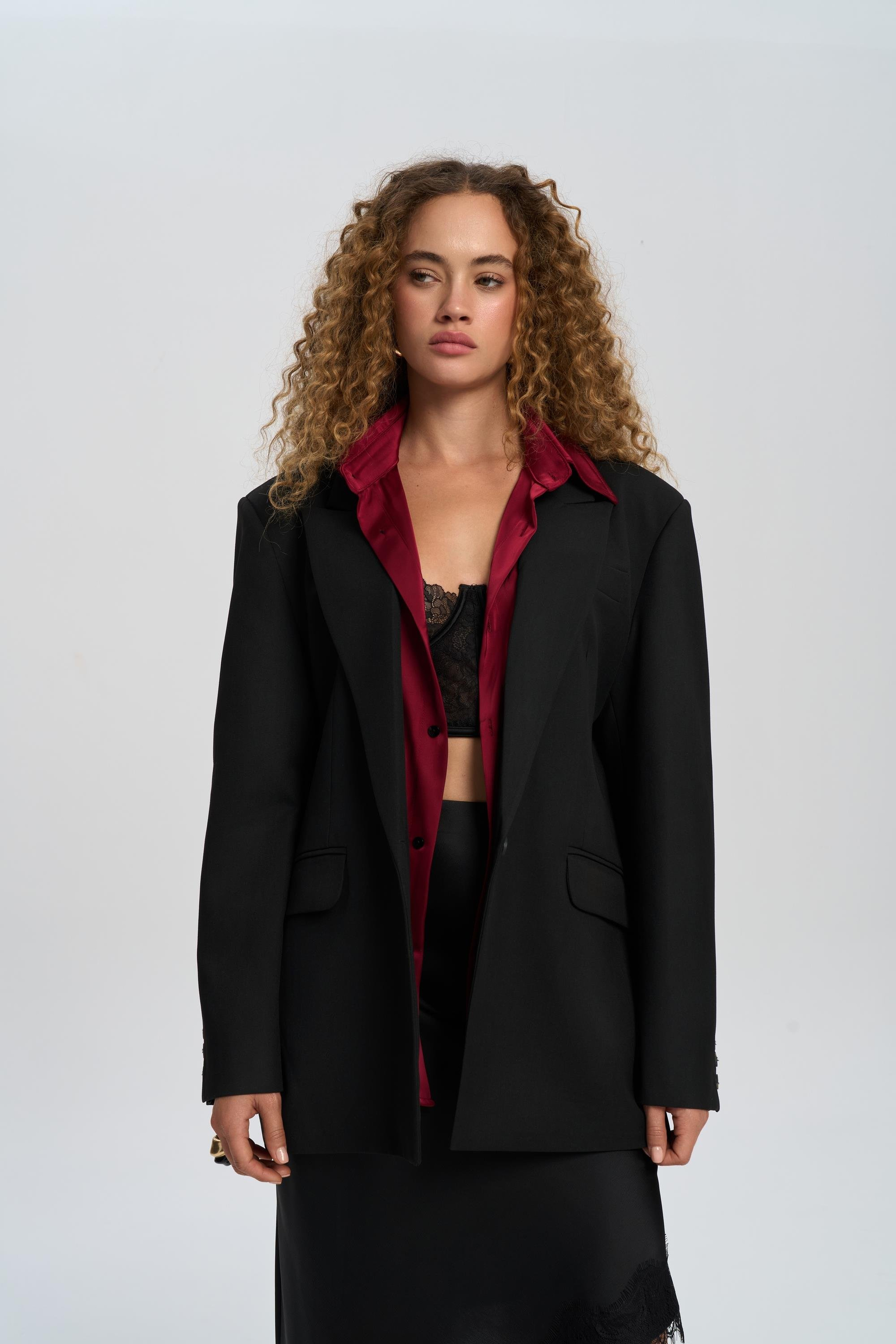 Catroux Gömlek Yaka Detaylı Siyah Blazer