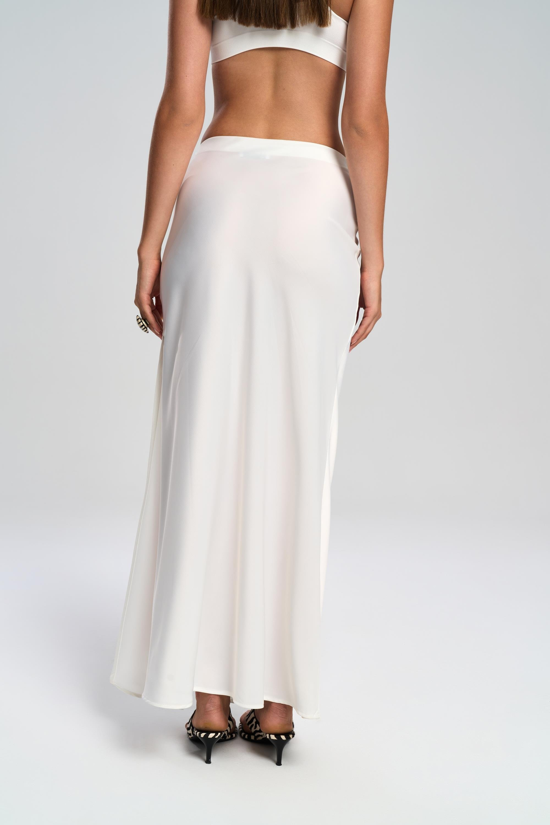 Cecil Slit Detail White Satin Skirt
