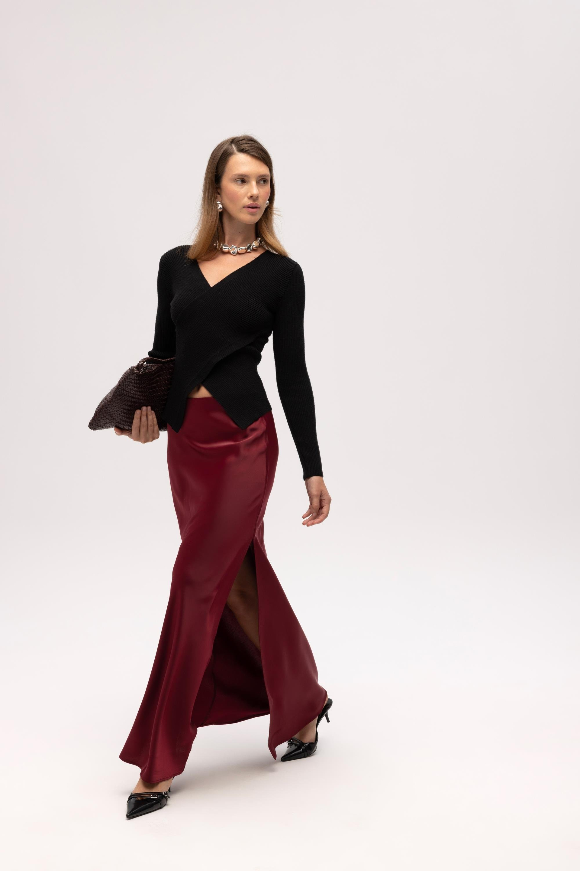 Cecil Slit Detail Burgundy Satin Skirt