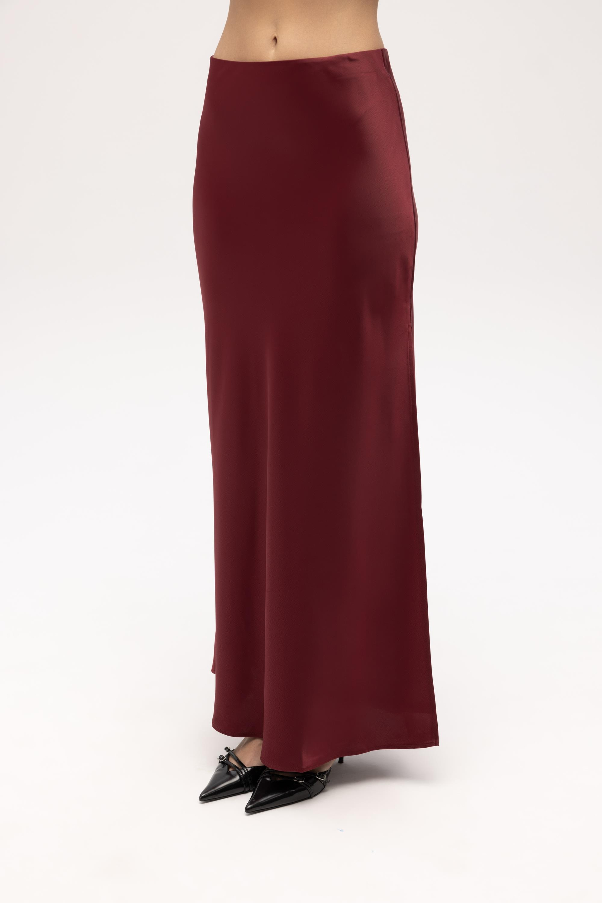 Cecil Slit Detail Burgundy Satin Skirt