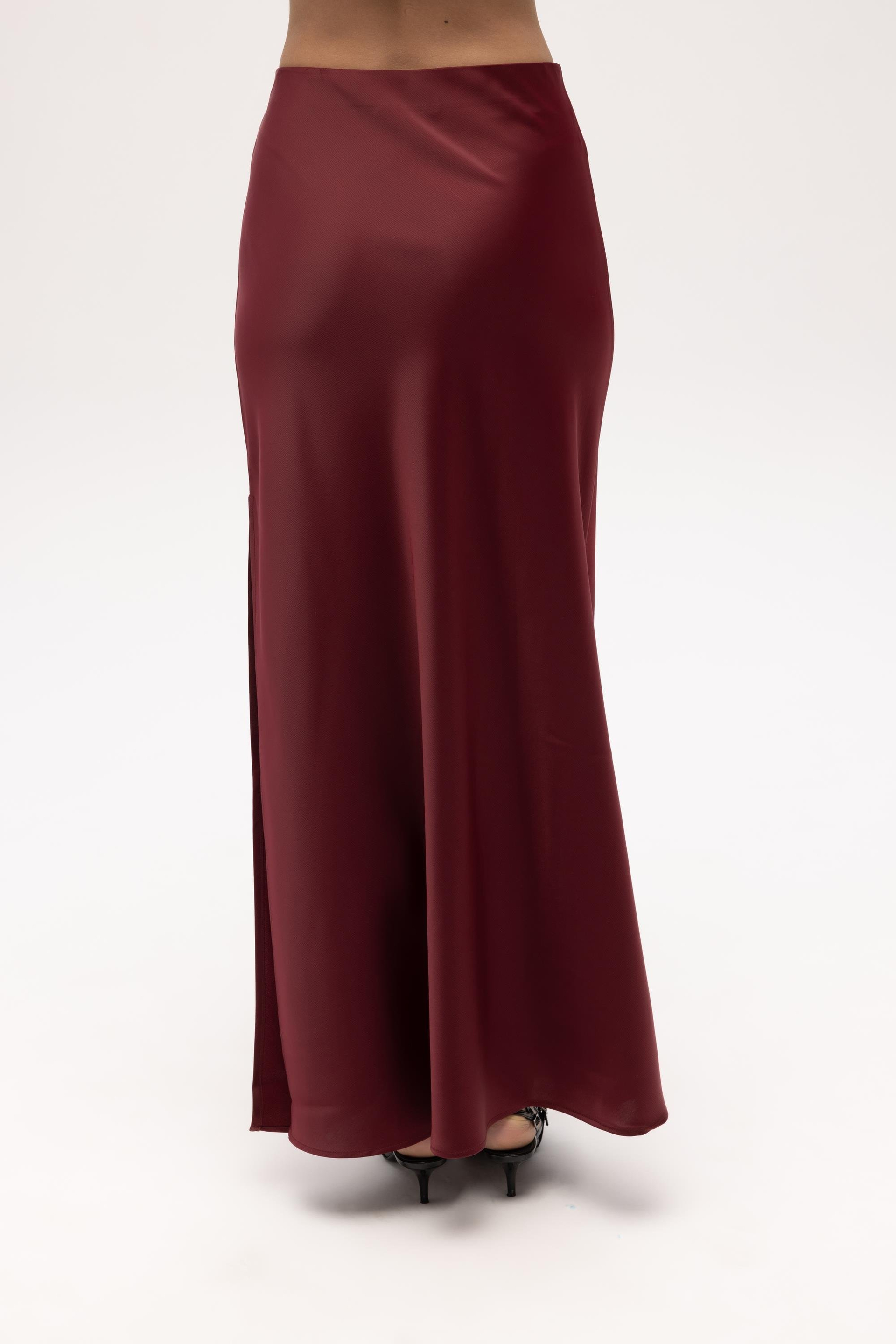 Cecil Slit Detail Burgundy Satin Skirt