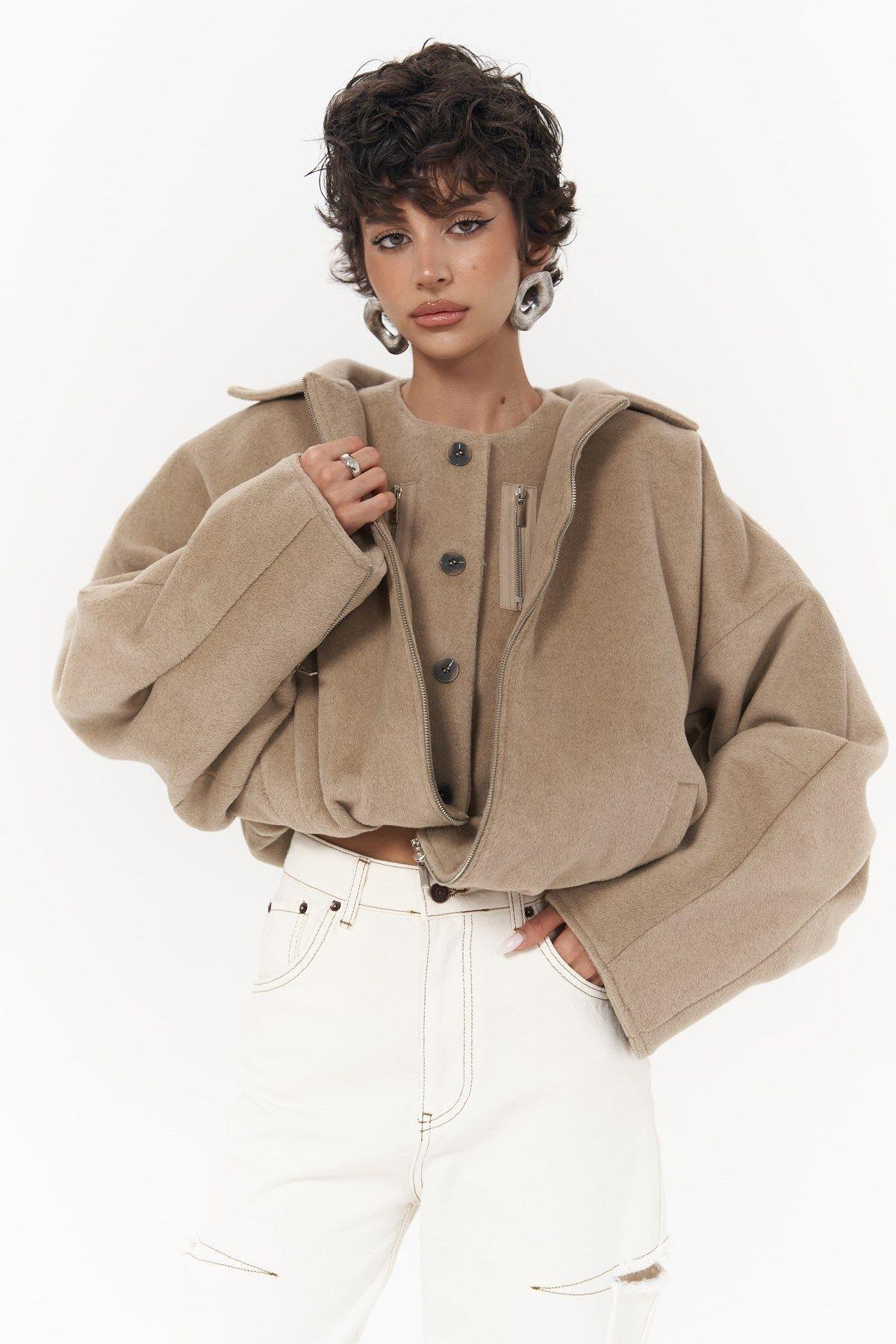 Chappel Light Brown Asymmetrical Jacket with Zipper Detail